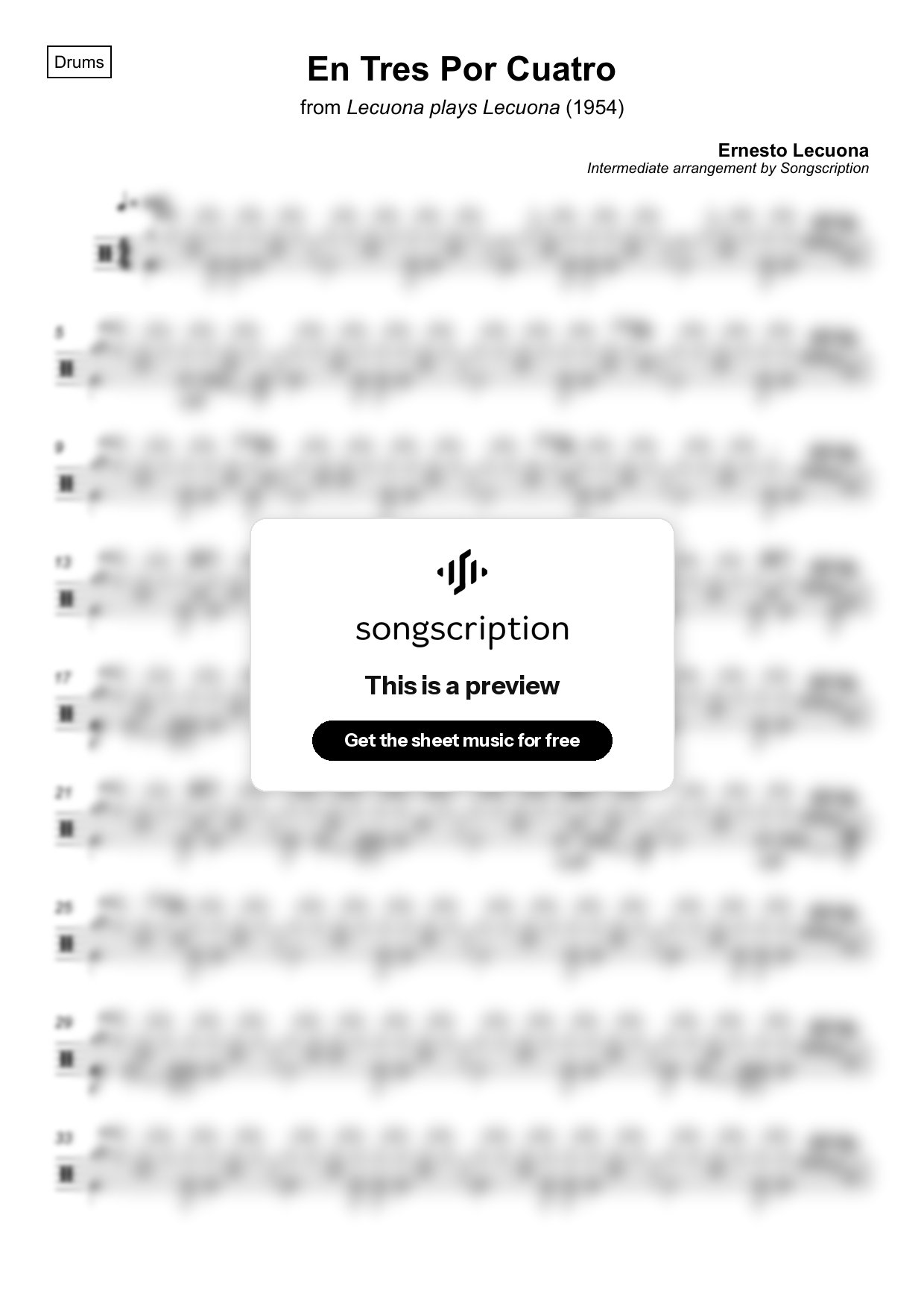 Intermediate Drums Sheet Music for "En Tres Por Cuatro" by Ernesto Lecuona