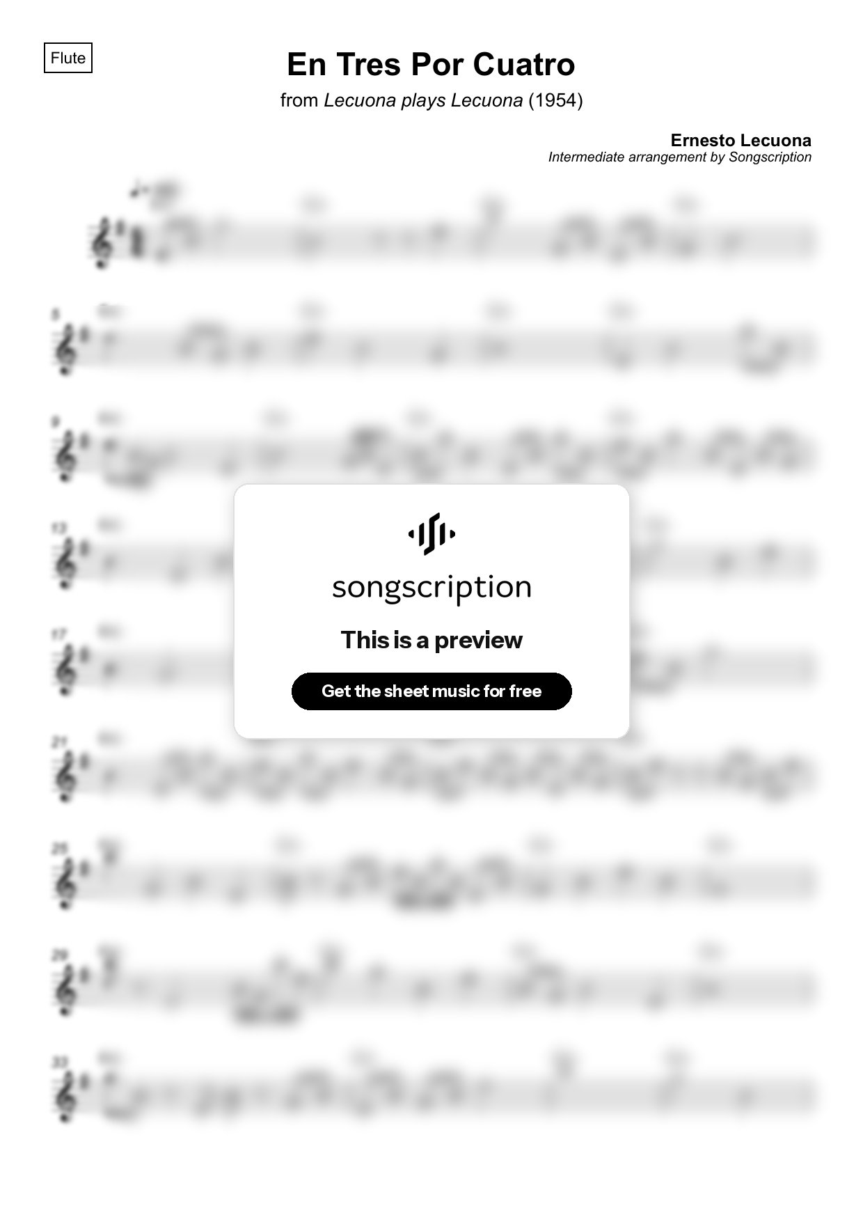 Intermediate Flute Sheet Music for "En Tres Por Cuatro" by Ernesto Lecuona