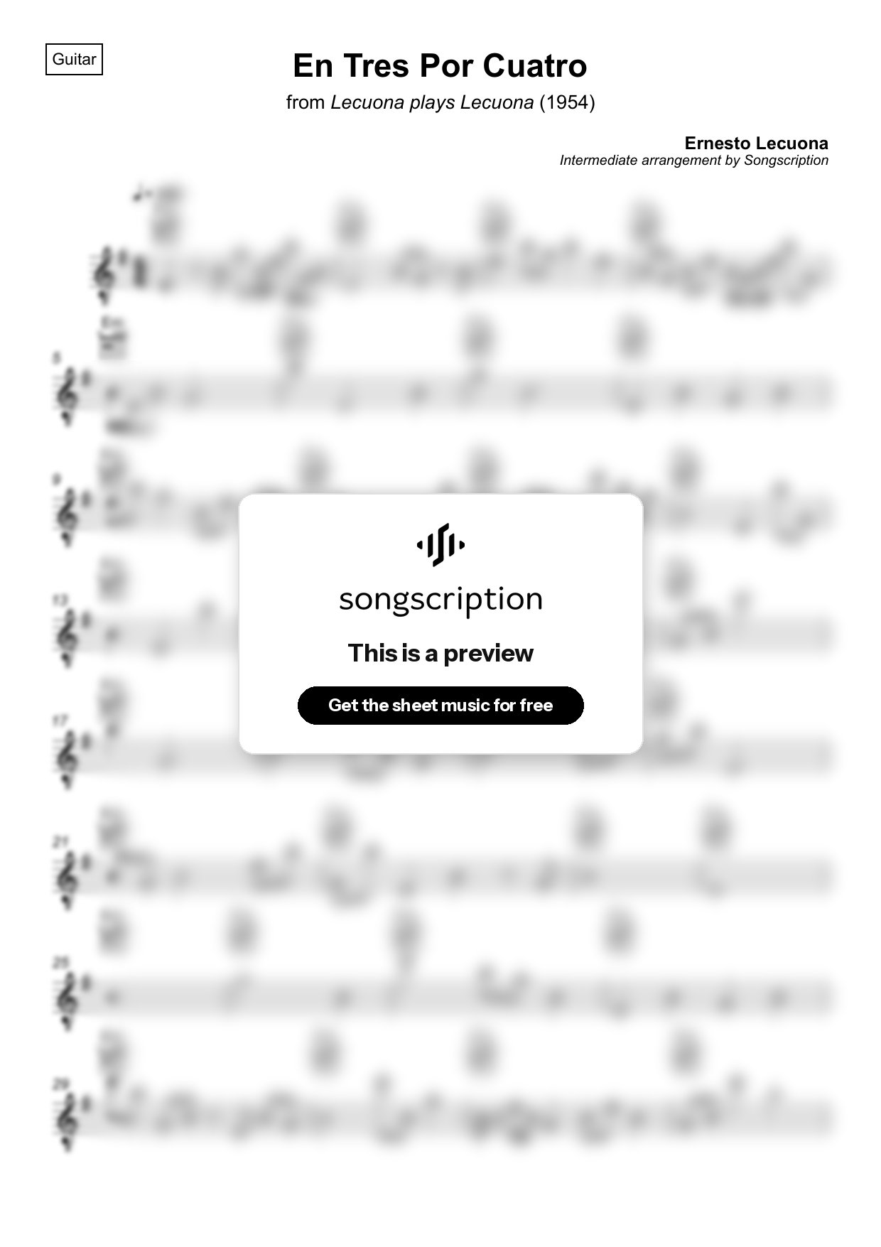 Intermediate Acoustic Guitar Sheet Music for "En Tres Por Cuatro" by Ernesto Lecuona