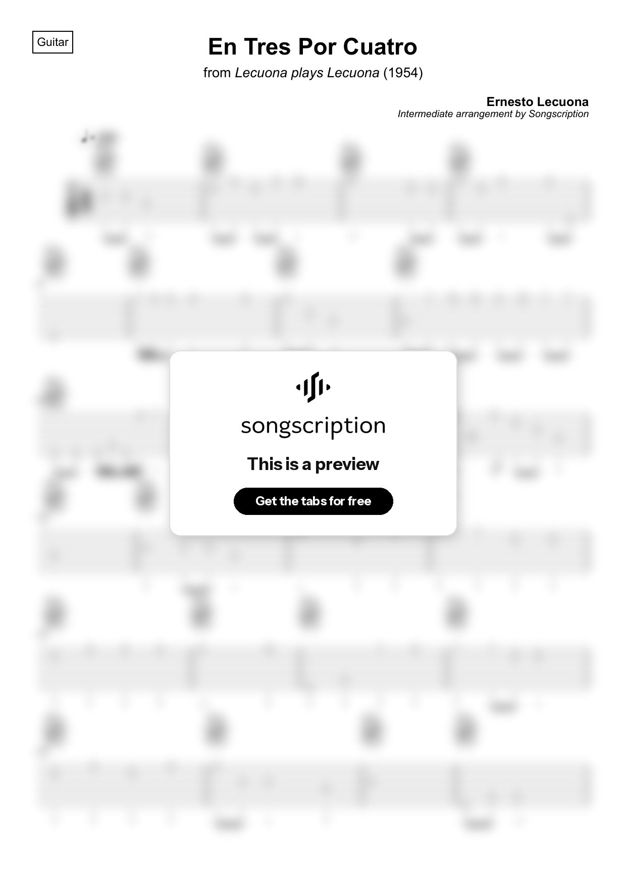Intermediate Acoustic Guitar Tabs for "En Tres Por Cuatro" by Ernesto Lecuona