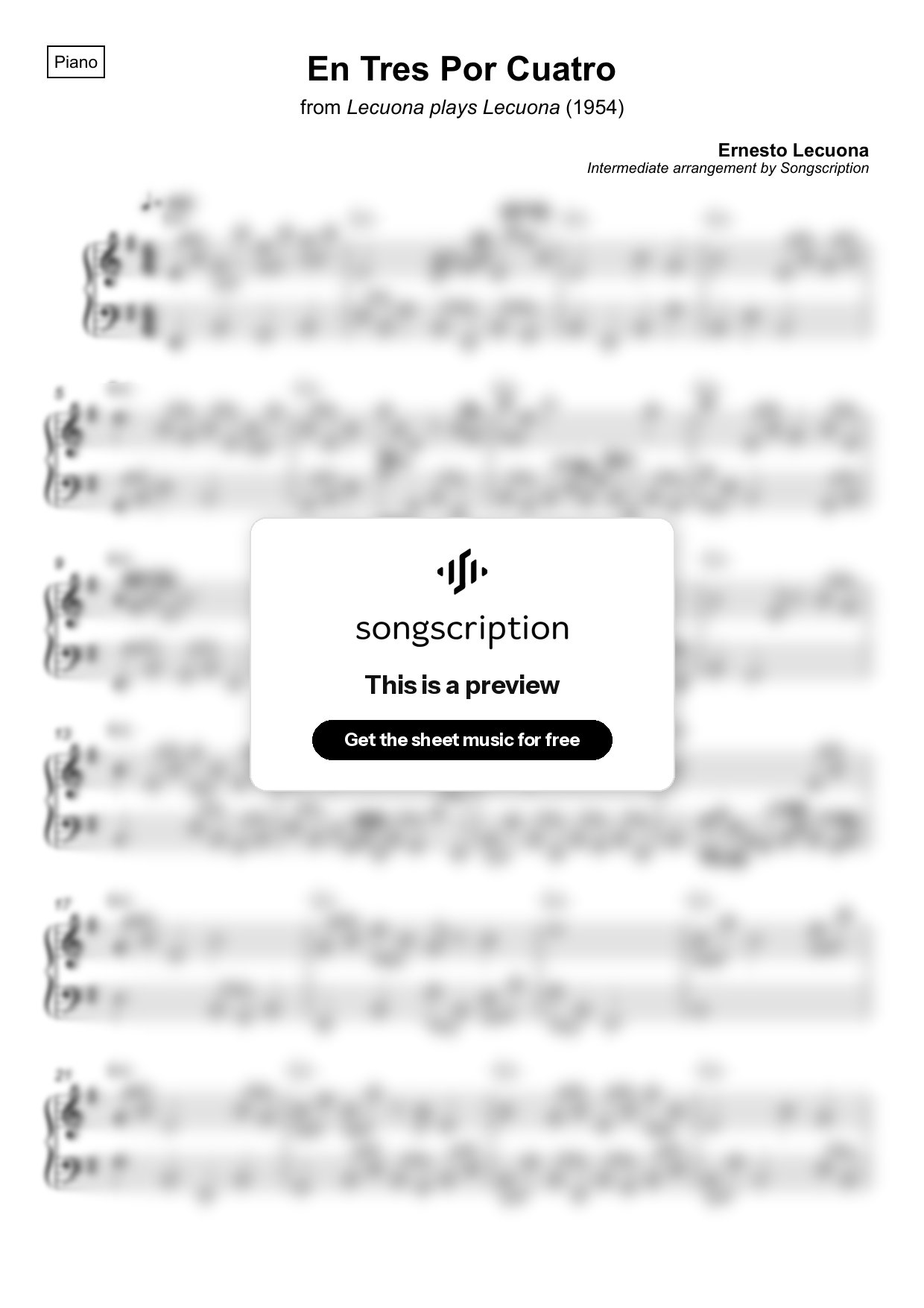 Intermediate Piano Sheet Music for "En Tres Por Cuatro" by Ernesto Lecuona
