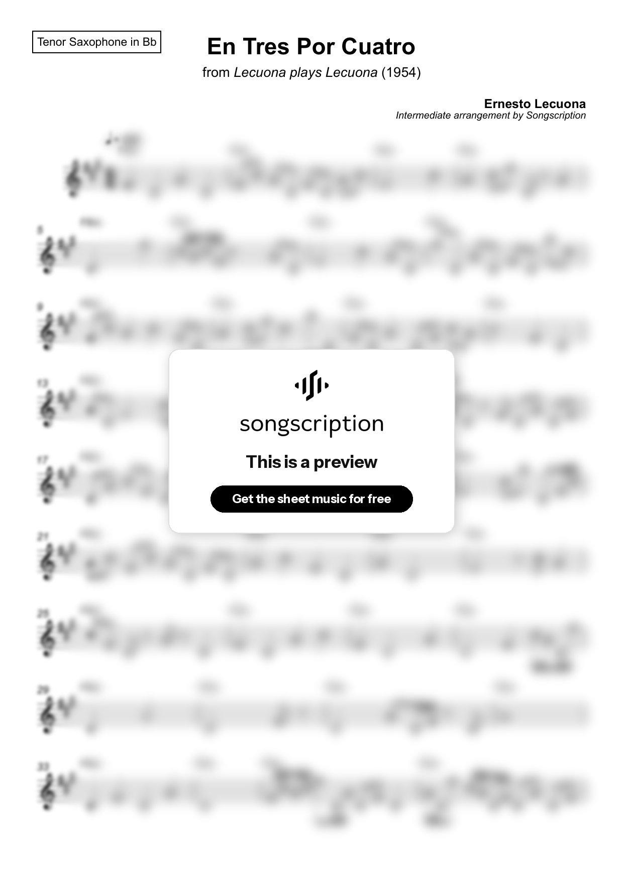 Intermediate Tenor Sax Sheet Music for "En Tres Por Cuatro" by Ernesto Lecuona