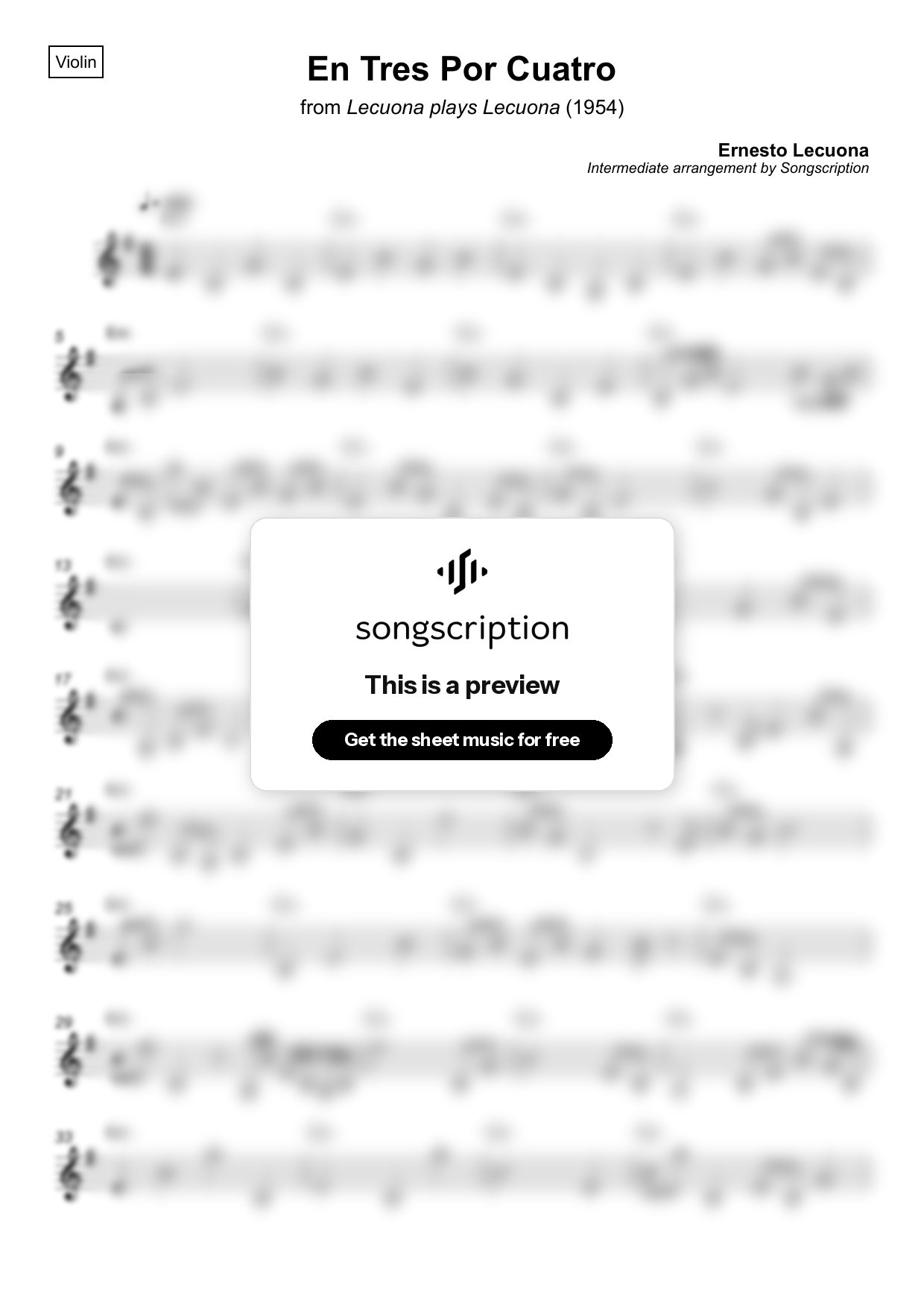Intermediate Violin Sheet Music for "En Tres Por Cuatro" by Ernesto Lecuona