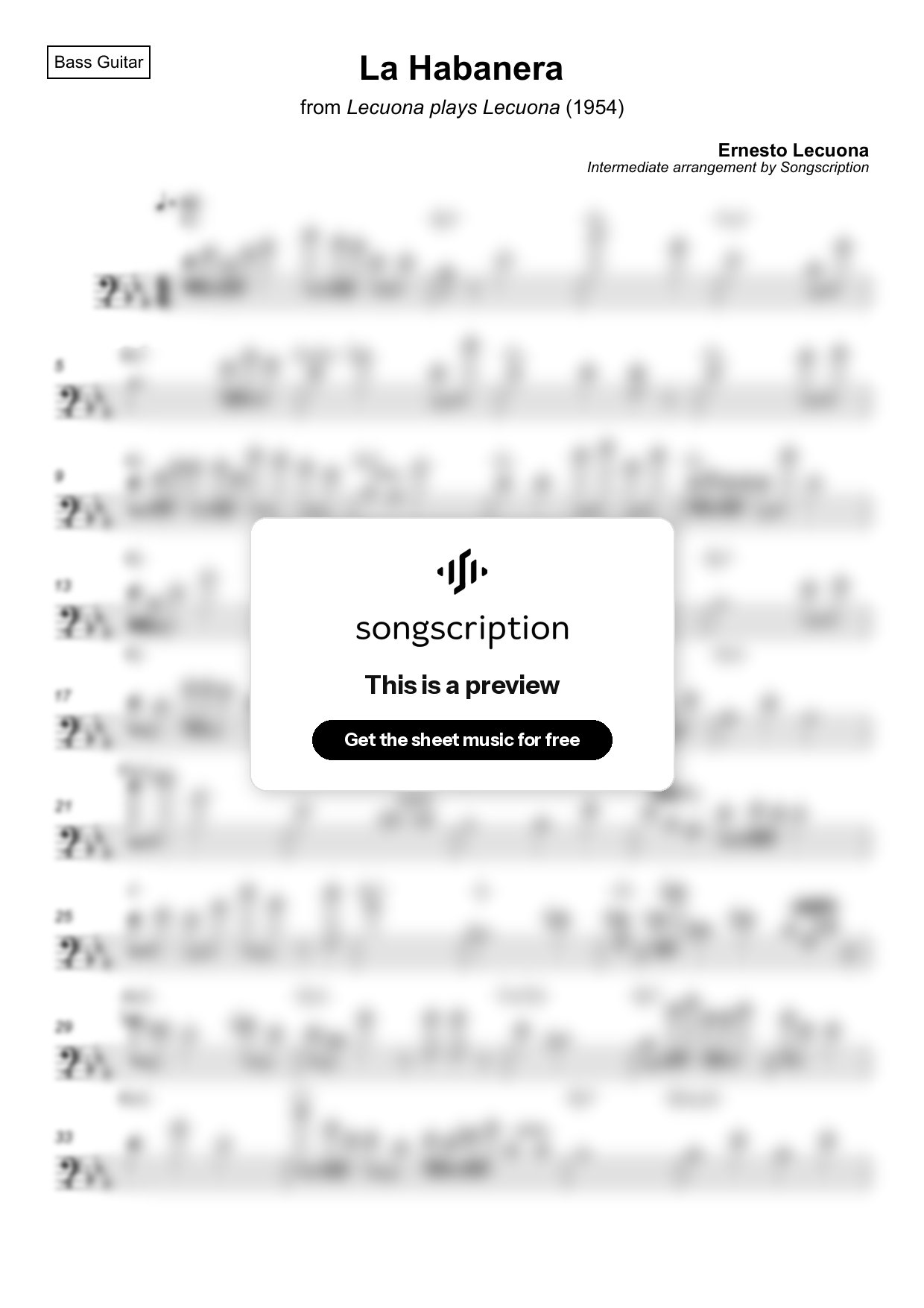 Intermediate Bass Guitar Sheet Music for "La Habanera" by Ernesto Lecuona