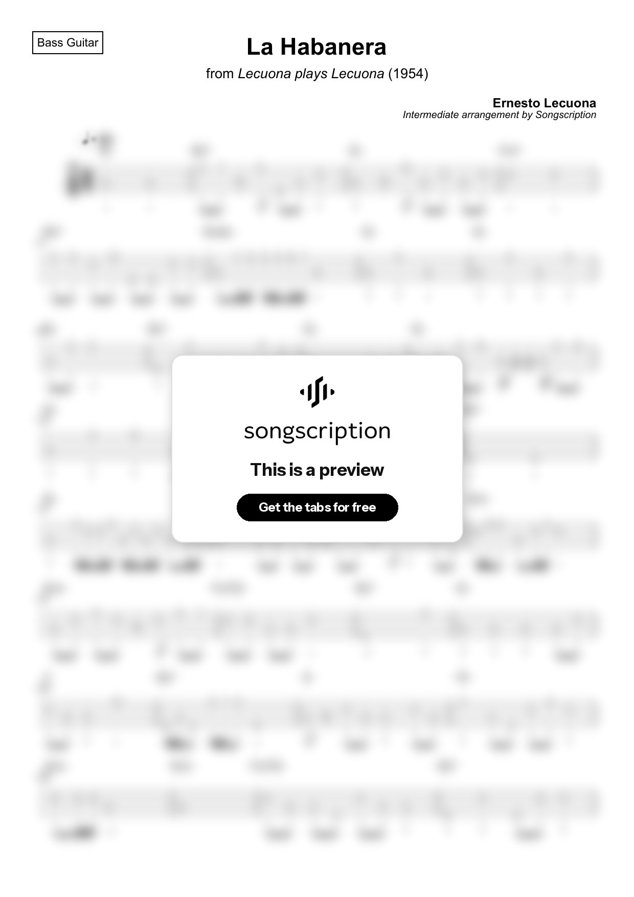 Intermediate Bass Guitar Tabs for "La Habanera" by Ernesto Lecuona