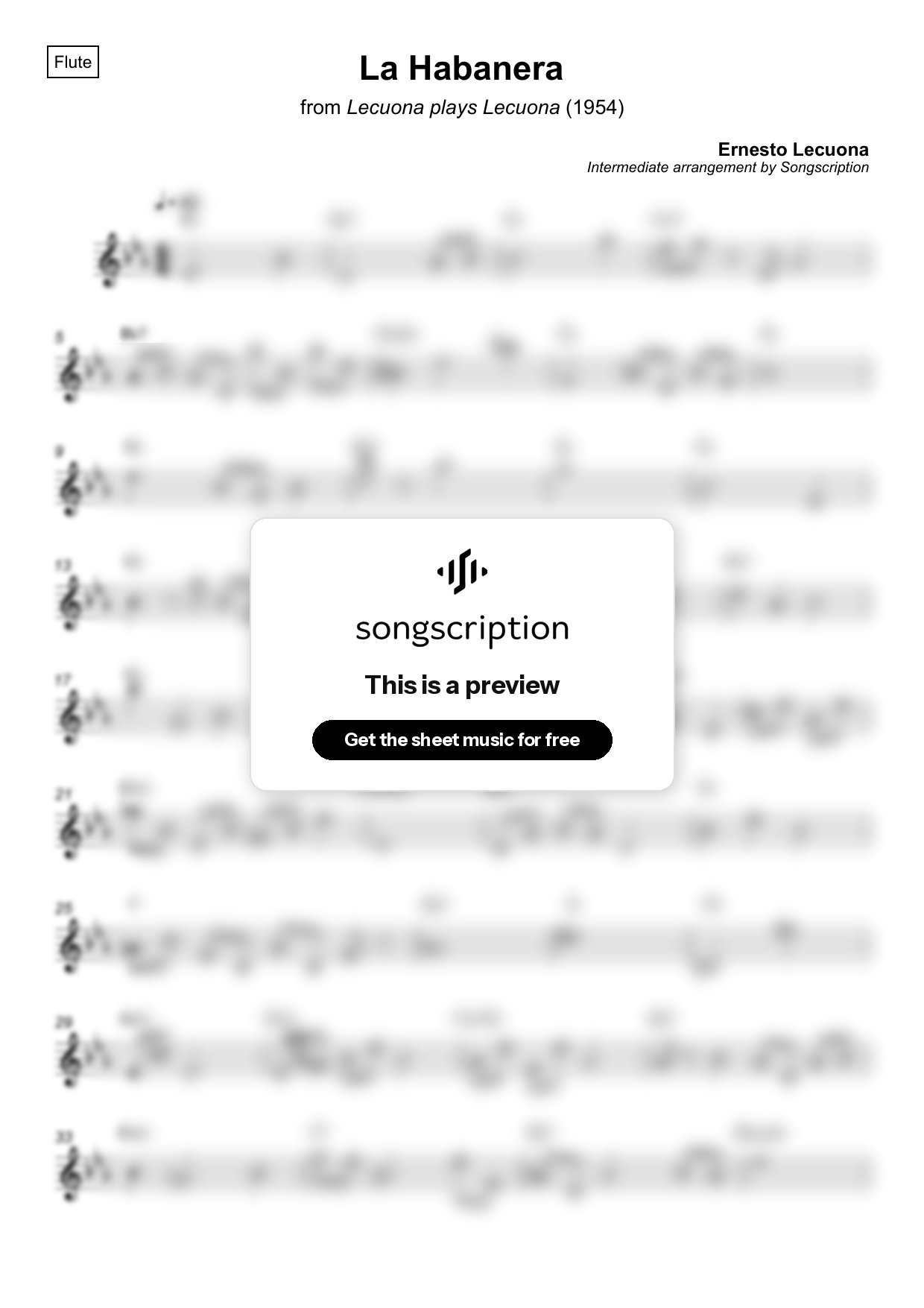 Intermediate Flute Sheet Music for "La Habanera" by Ernesto Lecuona