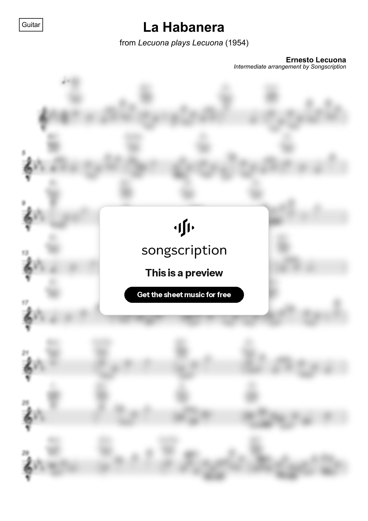 Intermediate Acoustic Guitar Sheet Music for "La Habanera" by Ernesto Lecuona