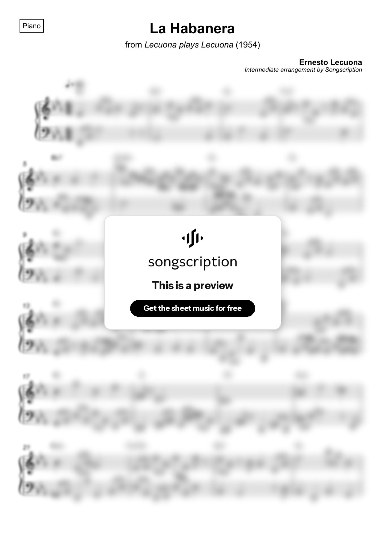 Intermediate Piano Sheet Music for "La Habanera" by Ernesto Lecuona