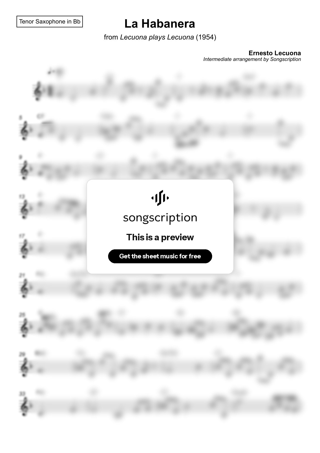 Intermediate Tenor Sax Sheet Music for "La Habanera" by Ernesto Lecuona