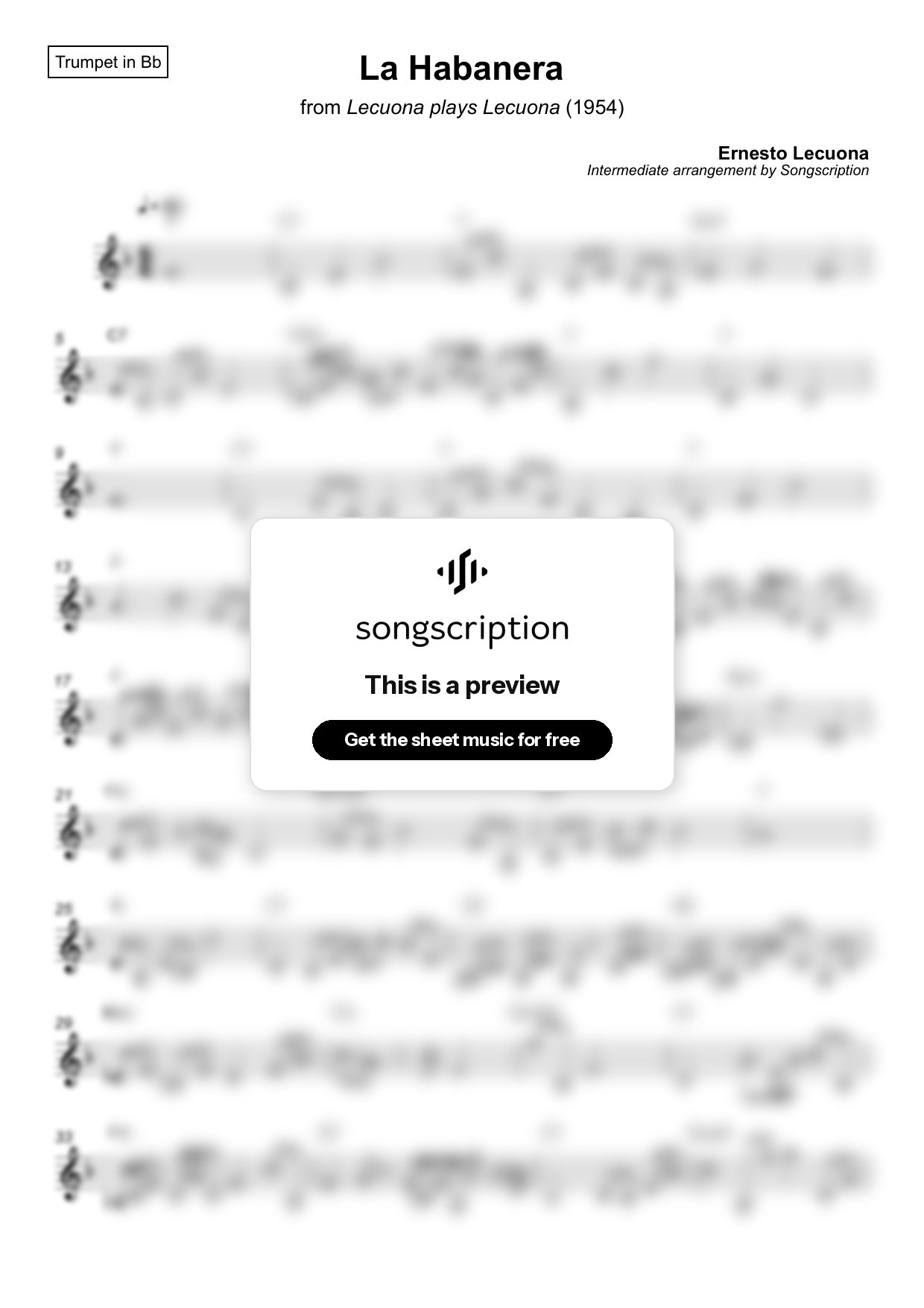 Intermediate Trumpet Sheet Music for "La Habanera" by Ernesto Lecuona