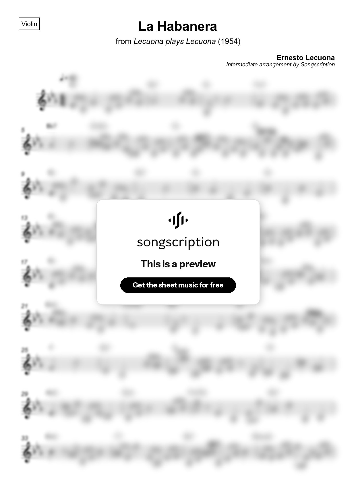 Intermediate Violin Sheet Music for "La Habanera" by Ernesto Lecuona