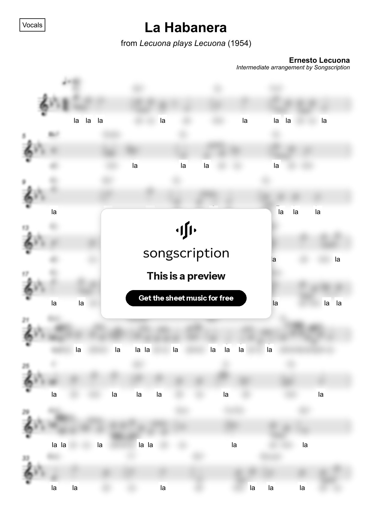 Intermediate Vocals Sheet Music for "La Habanera" by Ernesto Lecuona