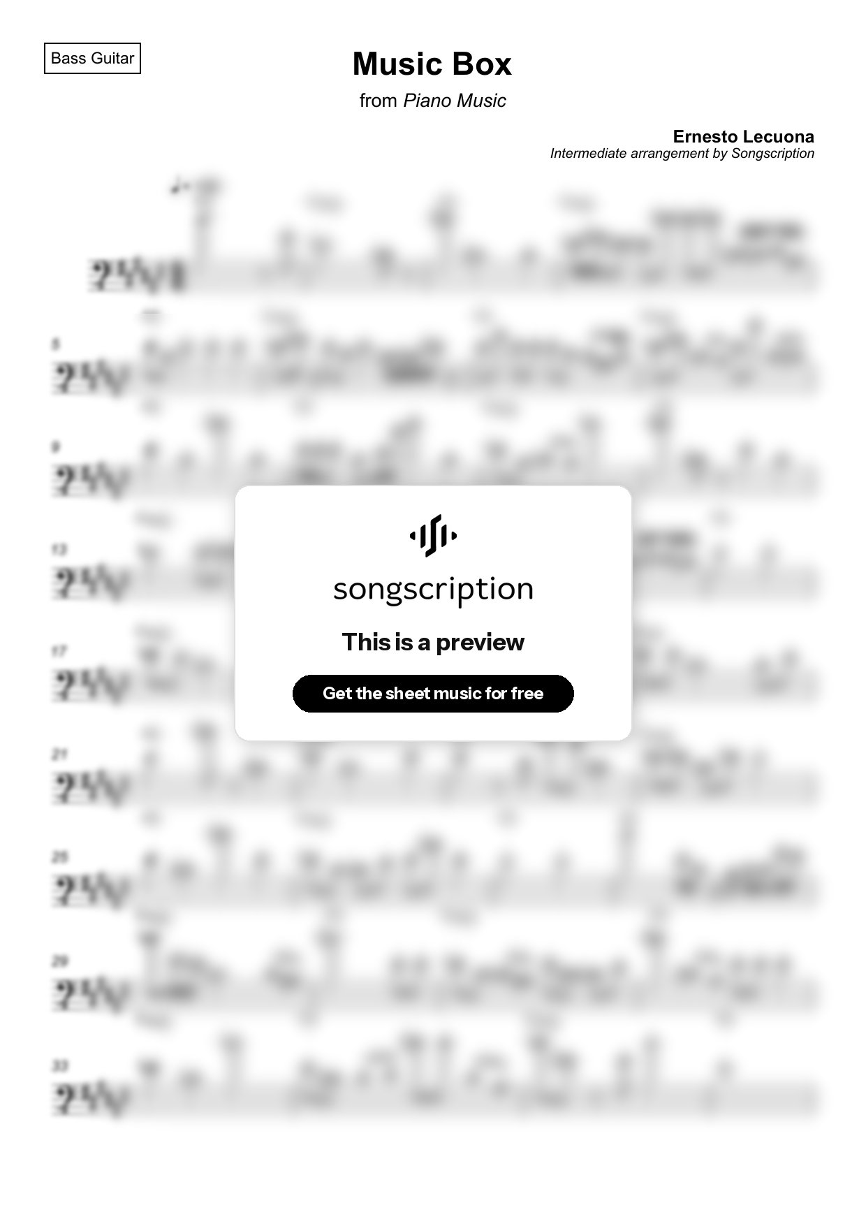 Intermediate Bass Guitar Sheet Music for "Music Box" by Ernesto Lecuona