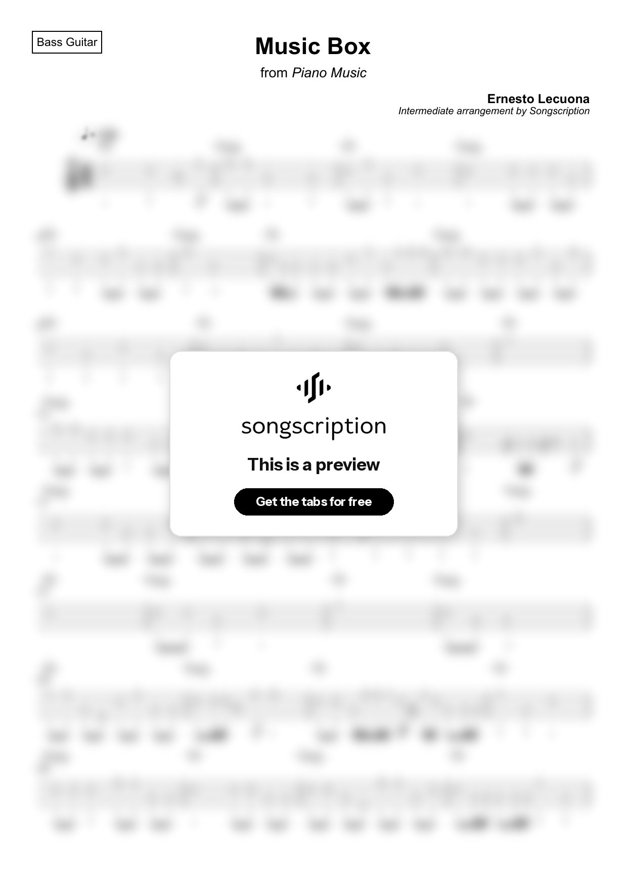 Intermediate Bass Guitar Tabs for "Music Box" by Ernesto Lecuona