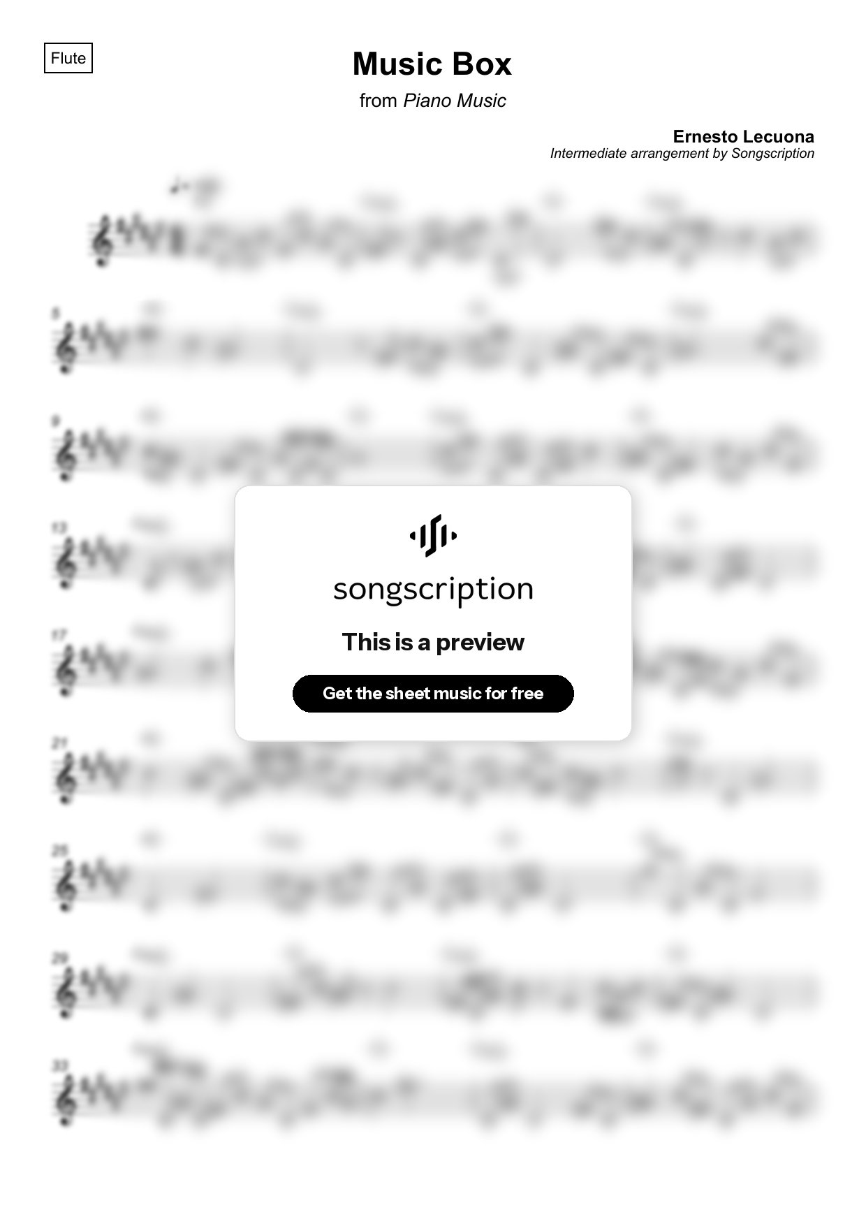 Intermediate Flute Sheet Music for "Music Box" by Ernesto Lecuona