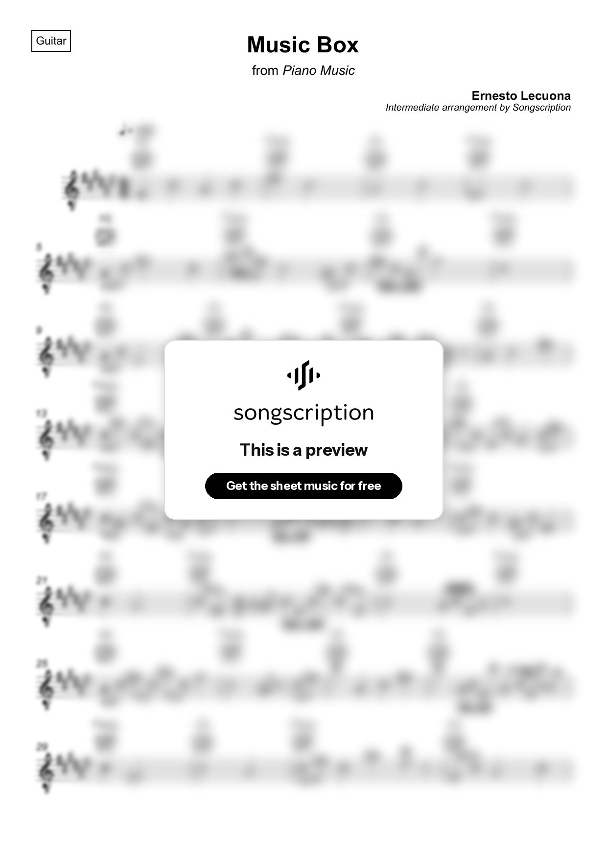 Intermediate Acoustic Guitar Sheet Music for "Music Box" by Ernesto Lecuona