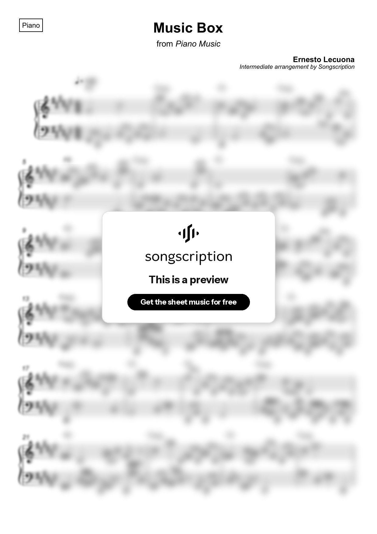 Intermediate Piano Sheet Music for "Music Box" by Ernesto Lecuona