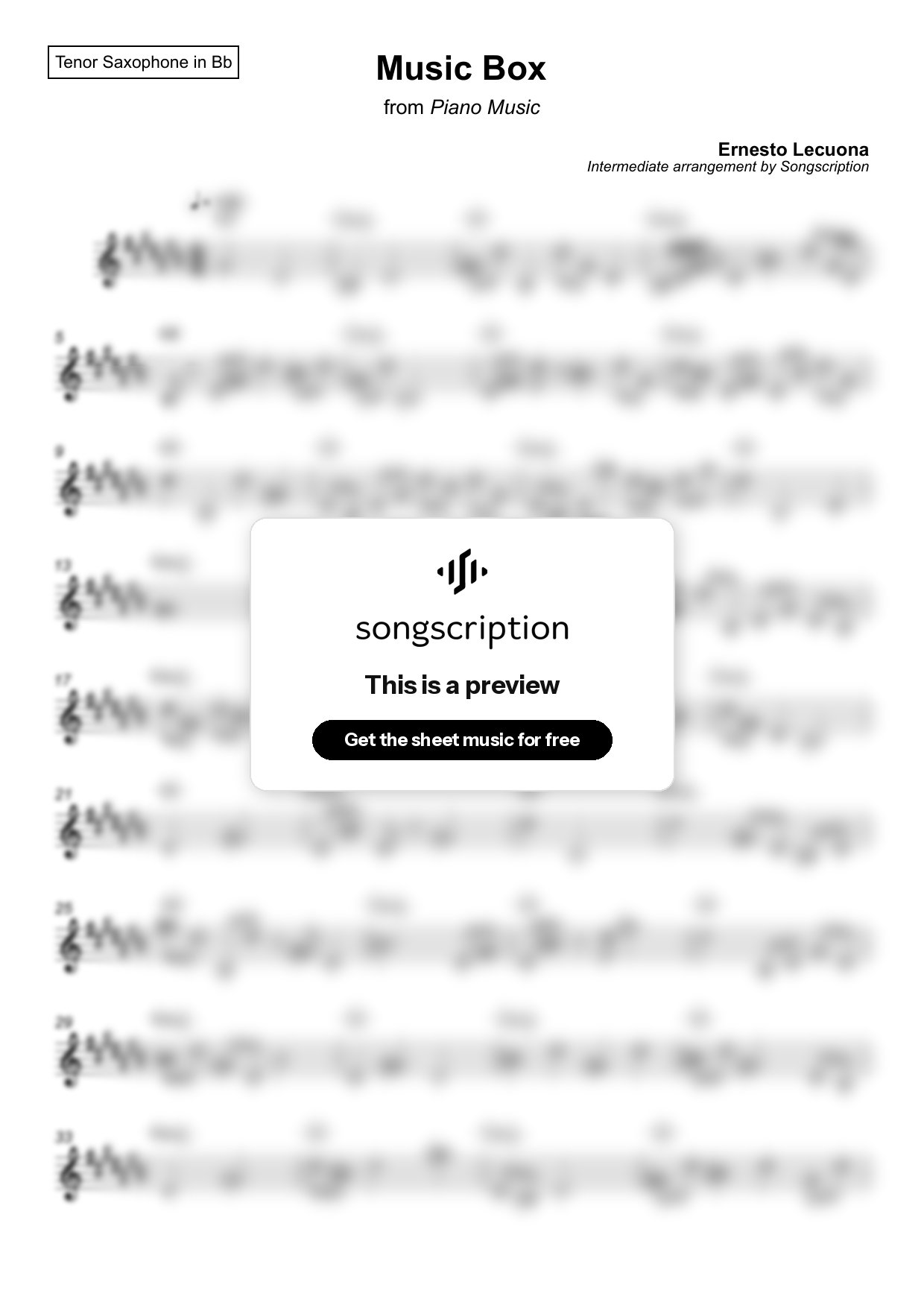 Intermediate Tenor Sax Sheet Music for "Music Box" by Ernesto Lecuona