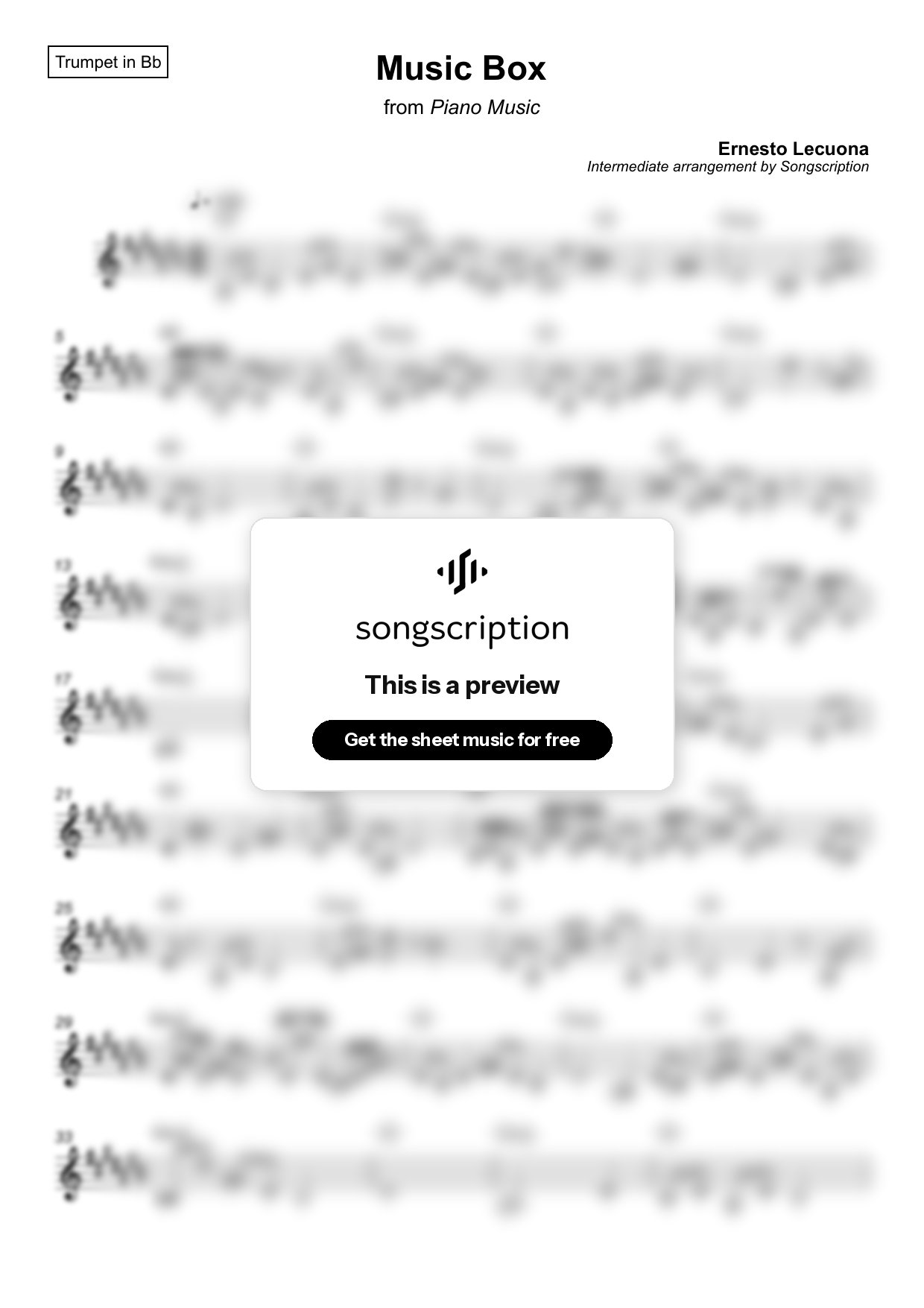 Intermediate Trumpet Sheet Music for "Music Box" by Ernesto Lecuona