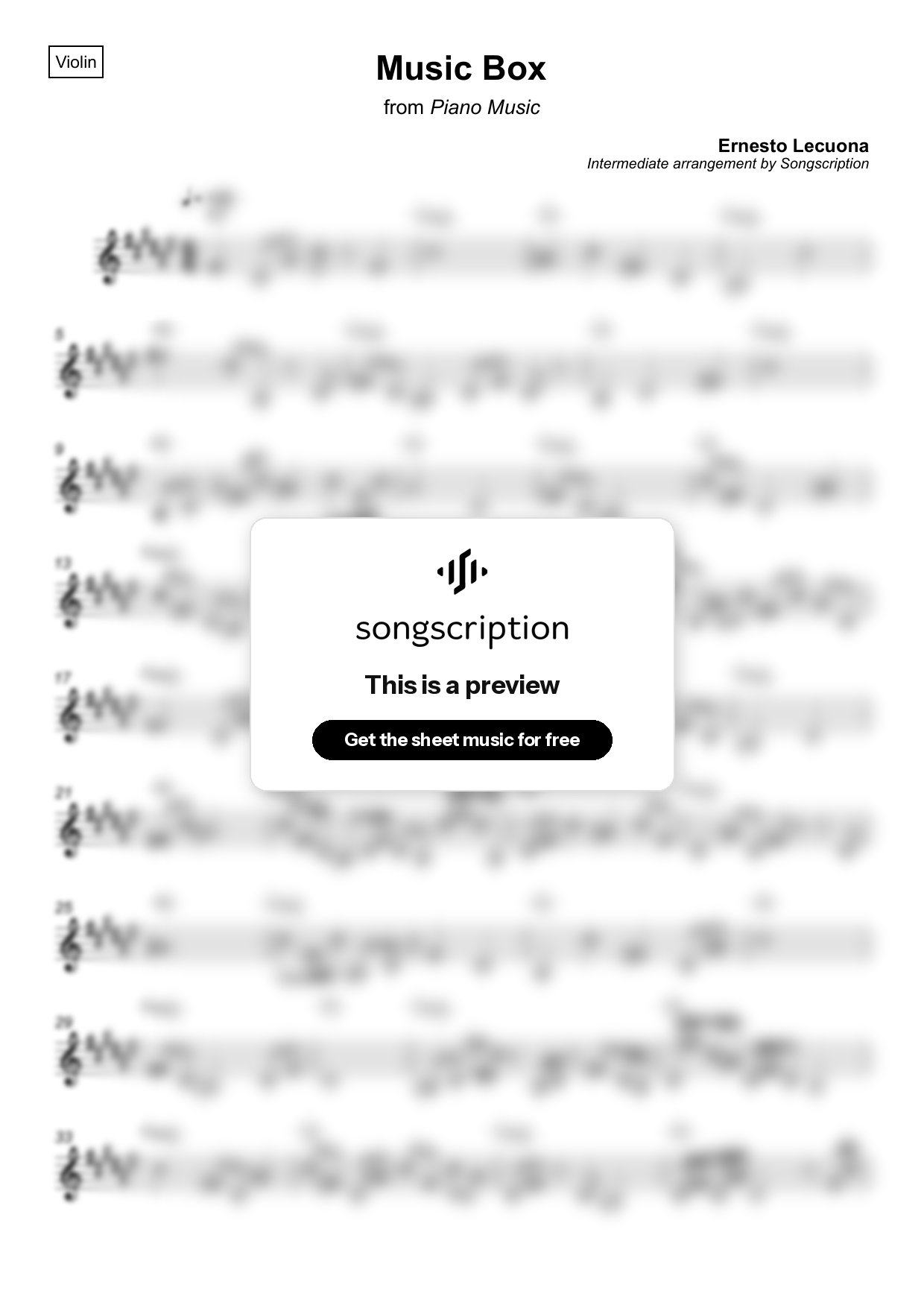 Intermediate Violin Sheet Music for "Music Box" by Ernesto Lecuona