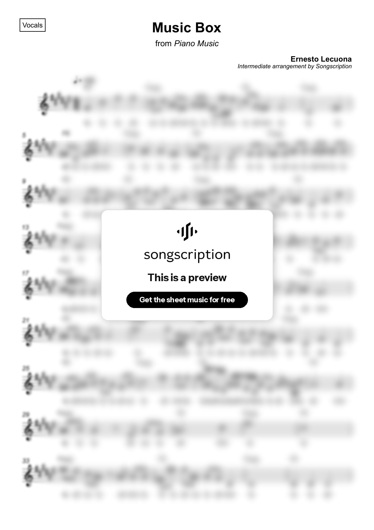 Intermediate Vocals Sheet Music for "Music Box" by Ernesto Lecuona