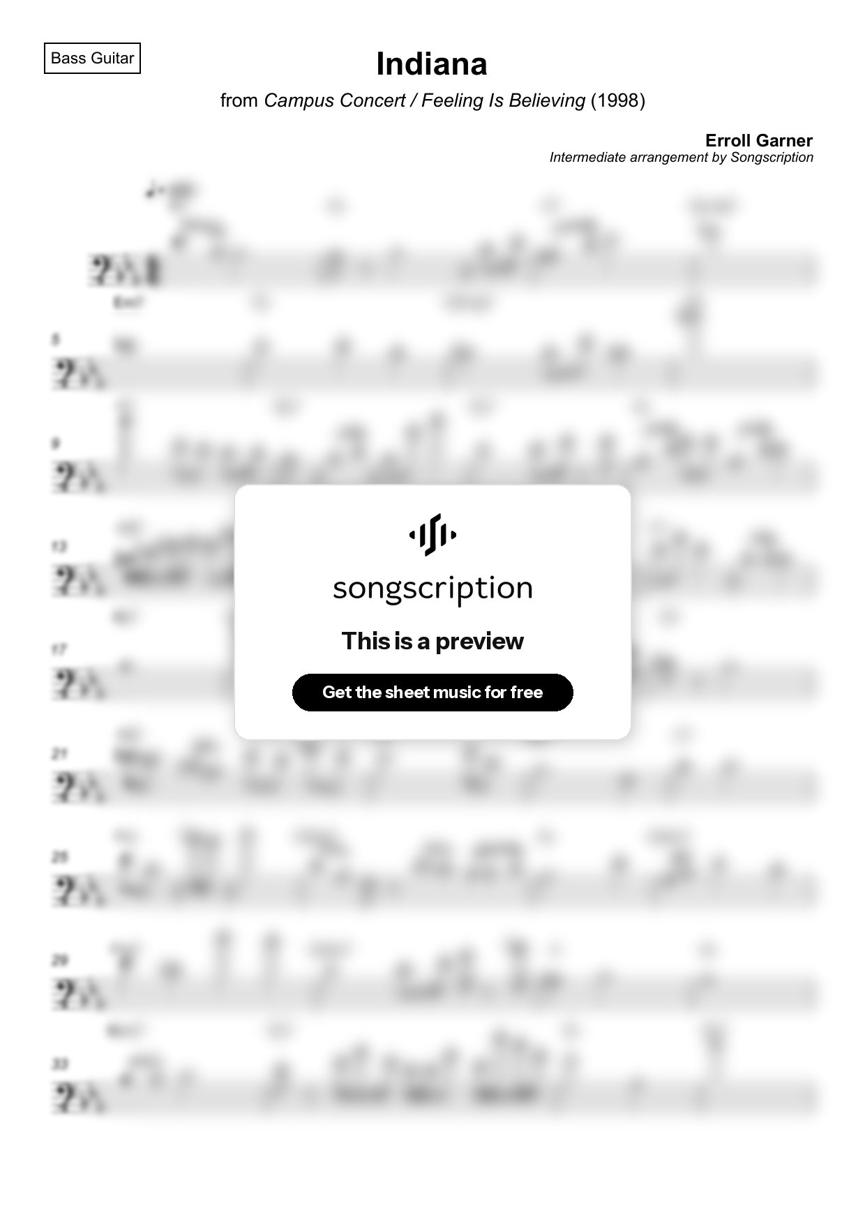 Intermediate Bass Guitar Sheet Music for "Indiana" by Erroll Garner