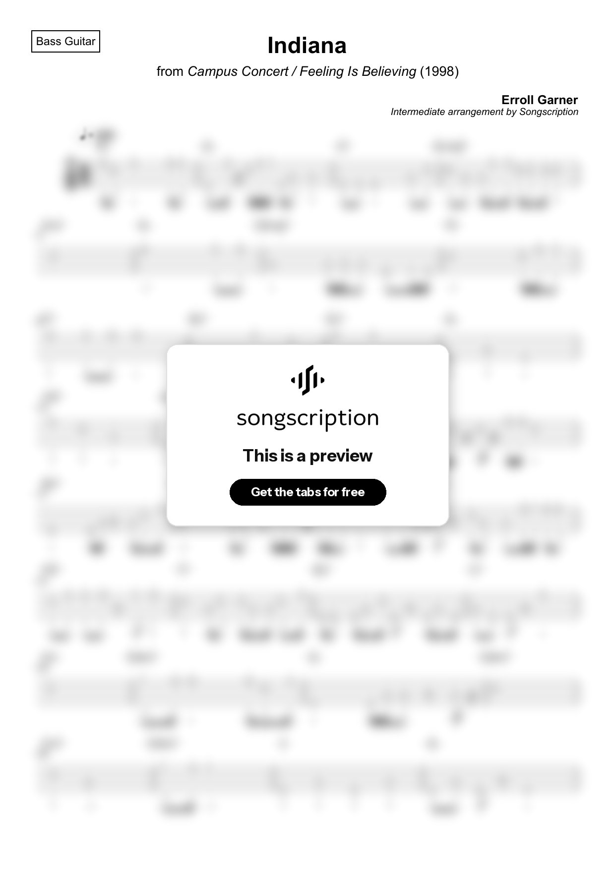 Intermediate Bass Guitar Tabs for "Indiana" by Erroll Garner