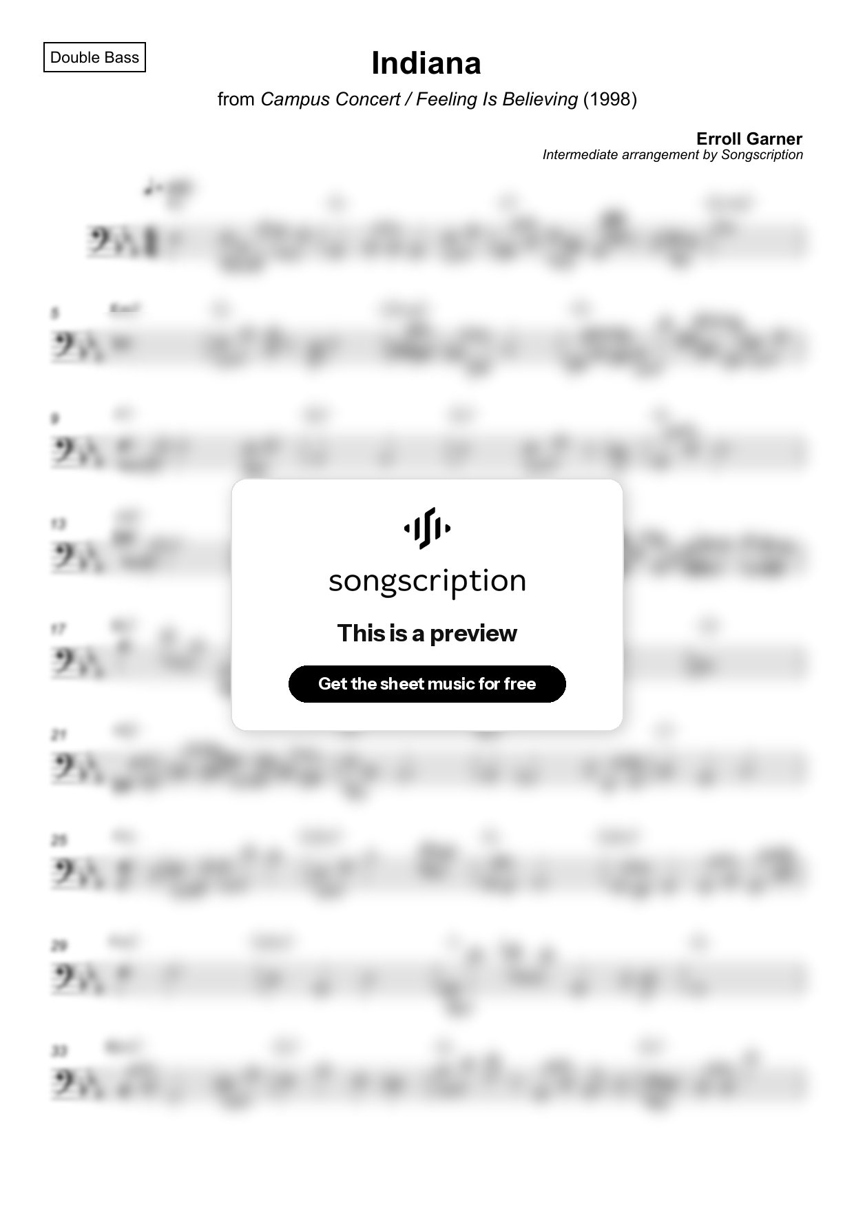 Intermediate Double Bass Sheet Music for "Indiana" by Erroll Garner