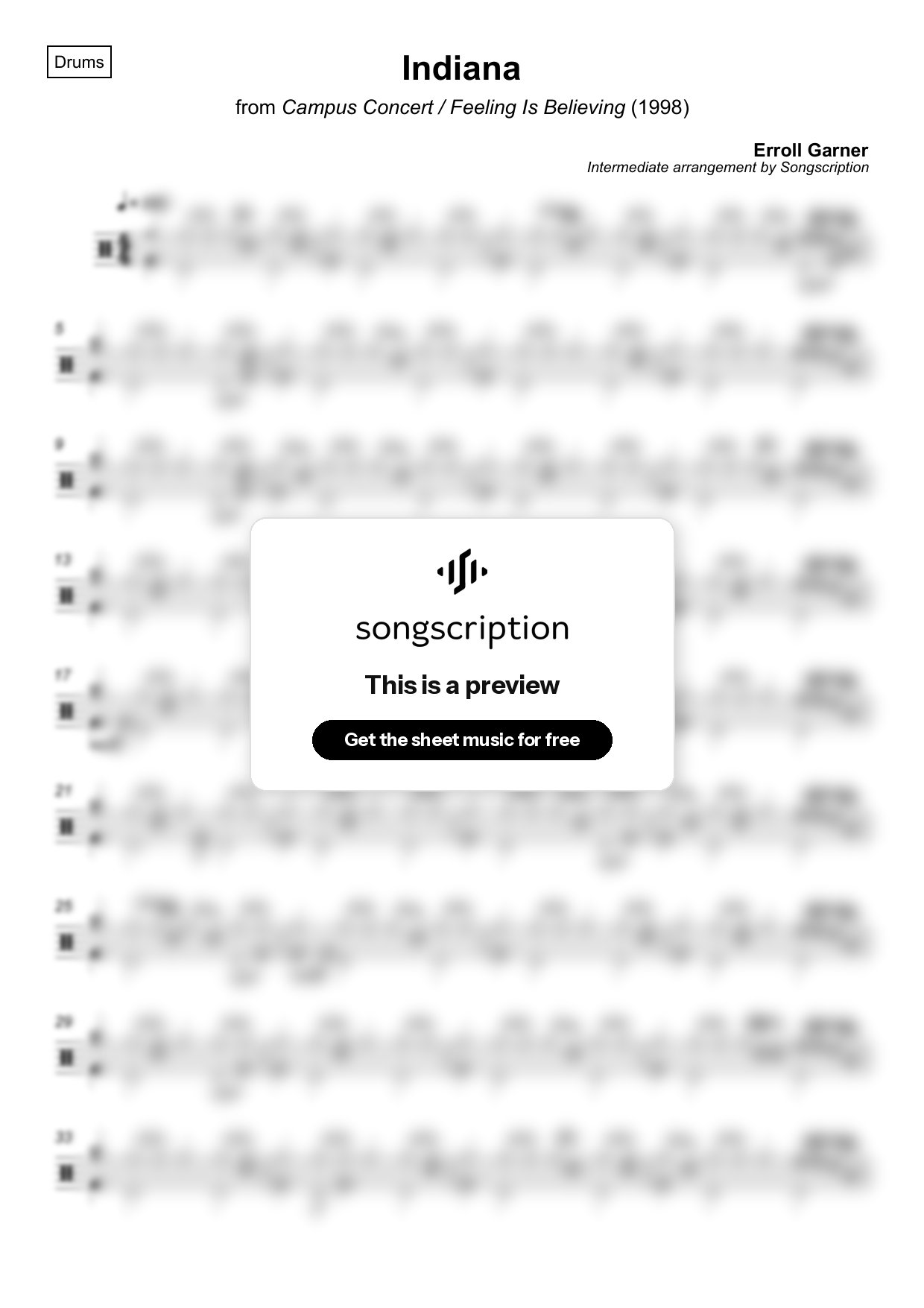 Intermediate Drums Sheet Music for "Indiana" by Erroll Garner
