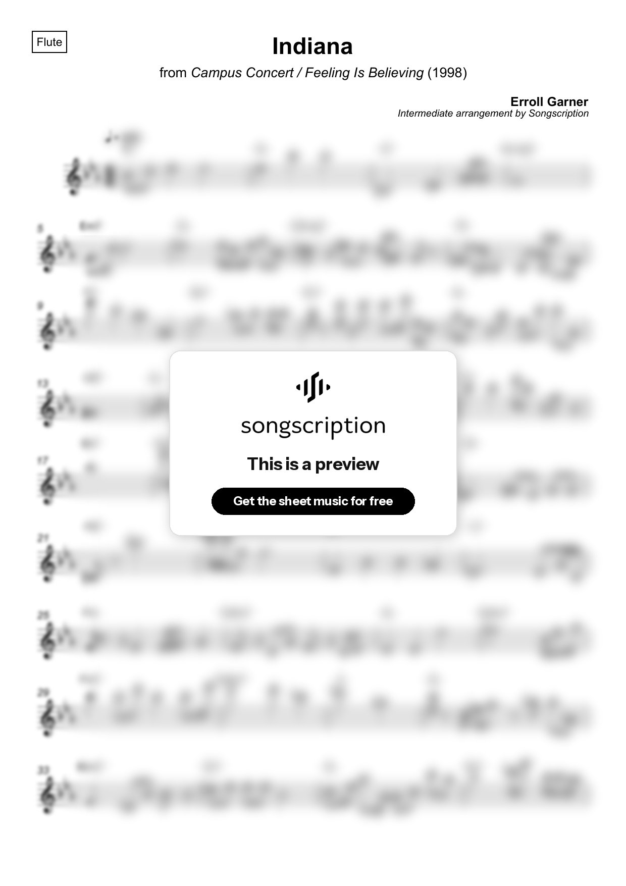 Intermediate Flute Sheet Music for "Indiana" by Erroll Garner