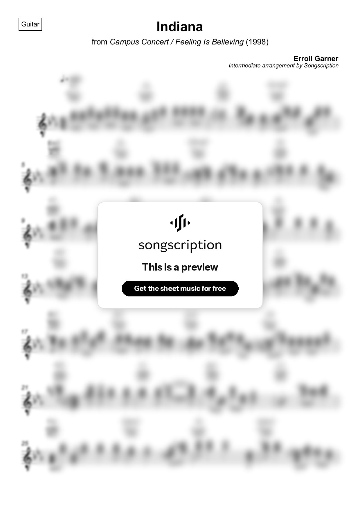 Intermediate Acoustic Guitar Sheet Music for "Indiana" by Erroll Garner