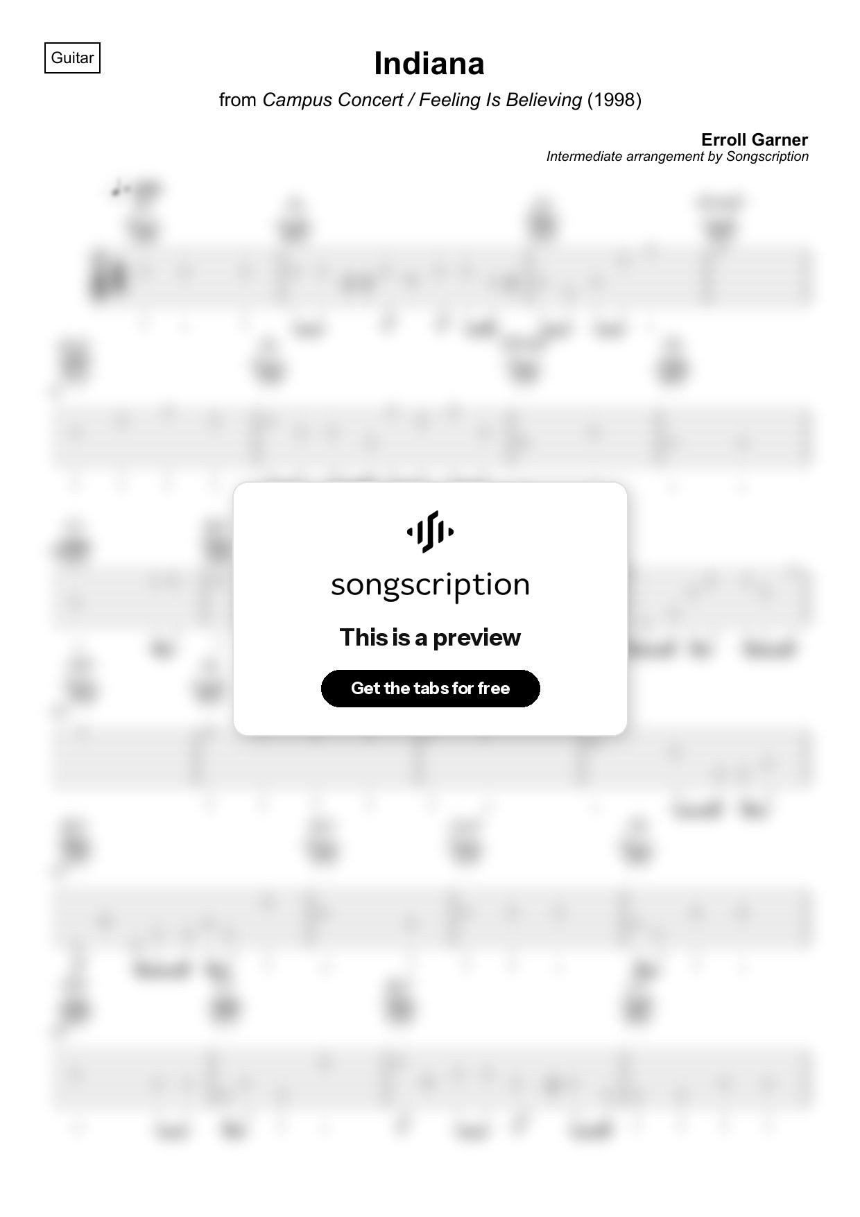 Intermediate Acoustic Guitar Tabs for "Indiana" by Erroll Garner