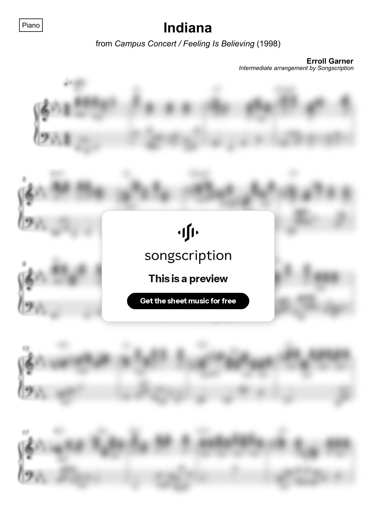 Intermediate Piano Sheet Music for "Indiana" by Erroll Garner