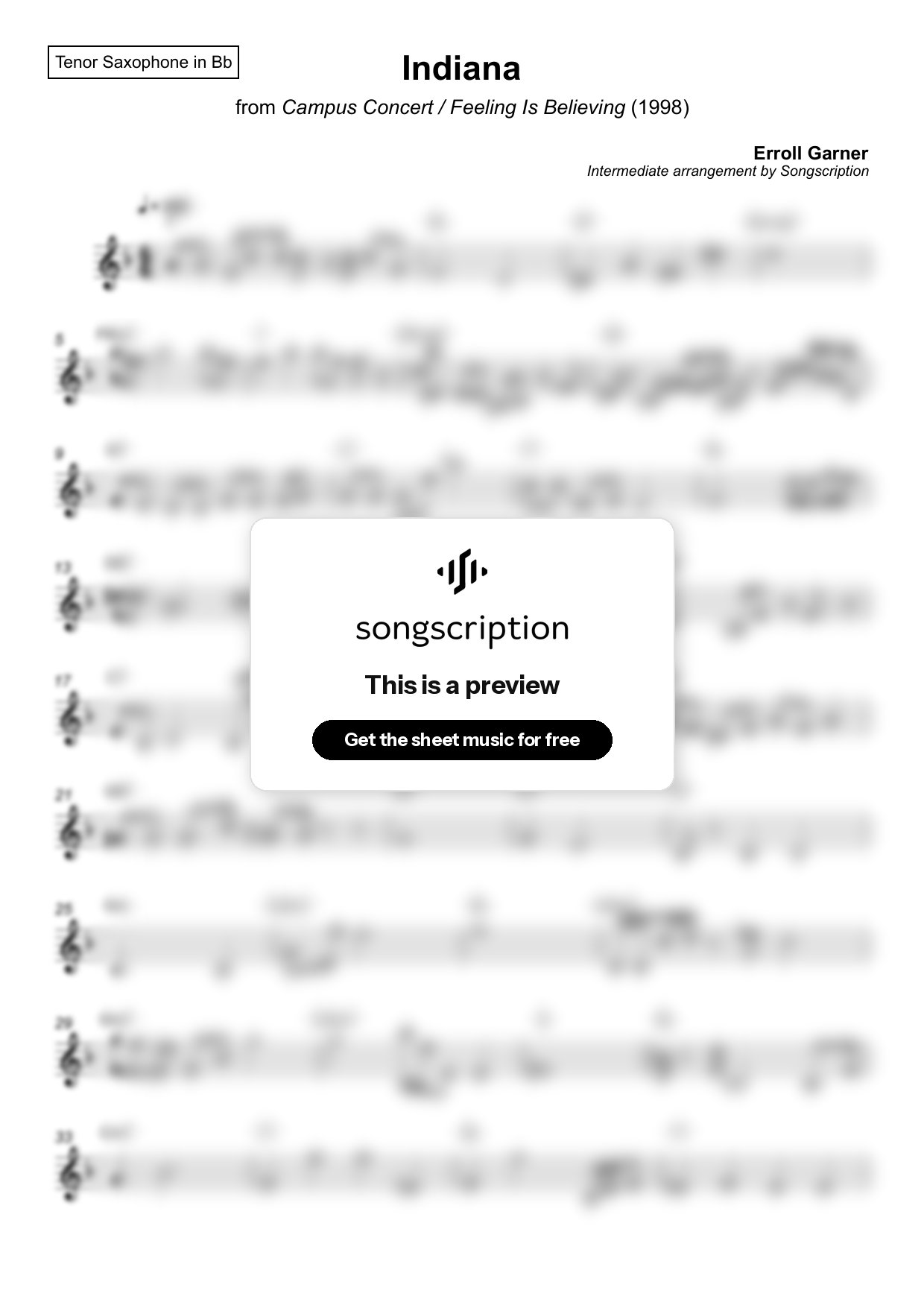 Intermediate Tenor Sax Sheet Music for "Indiana" by Erroll Garner
