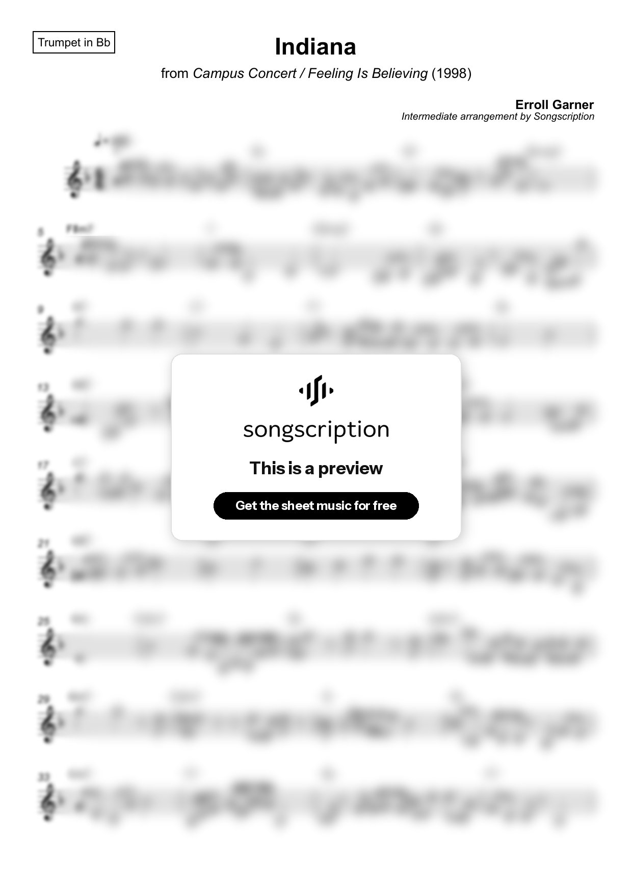 Intermediate Trumpet Sheet Music for "Indiana" by Erroll Garner