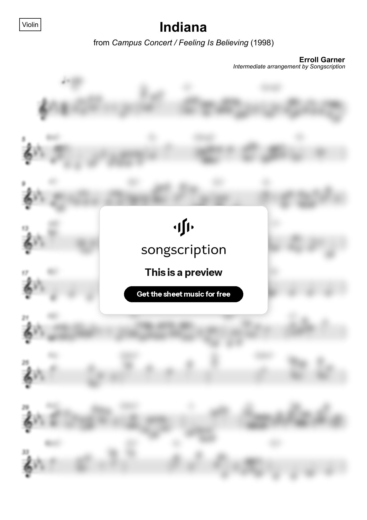 Intermediate Violin Sheet Music for "Indiana" by Erroll Garner
