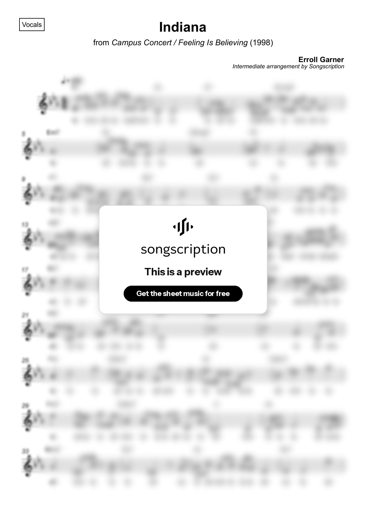 Intermediate Vocals Sheet Music for "Indiana" by Erroll Garner