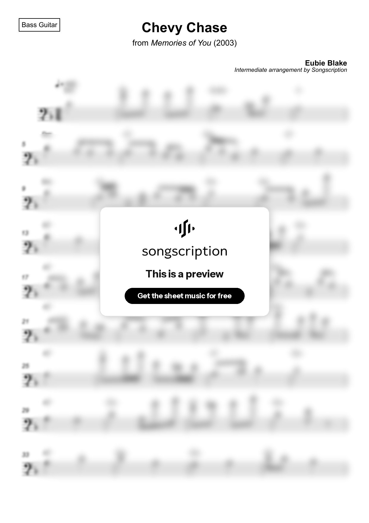 Intermediate Bass Guitar Sheet Music for "Chevy Chase" by Eubie Blake