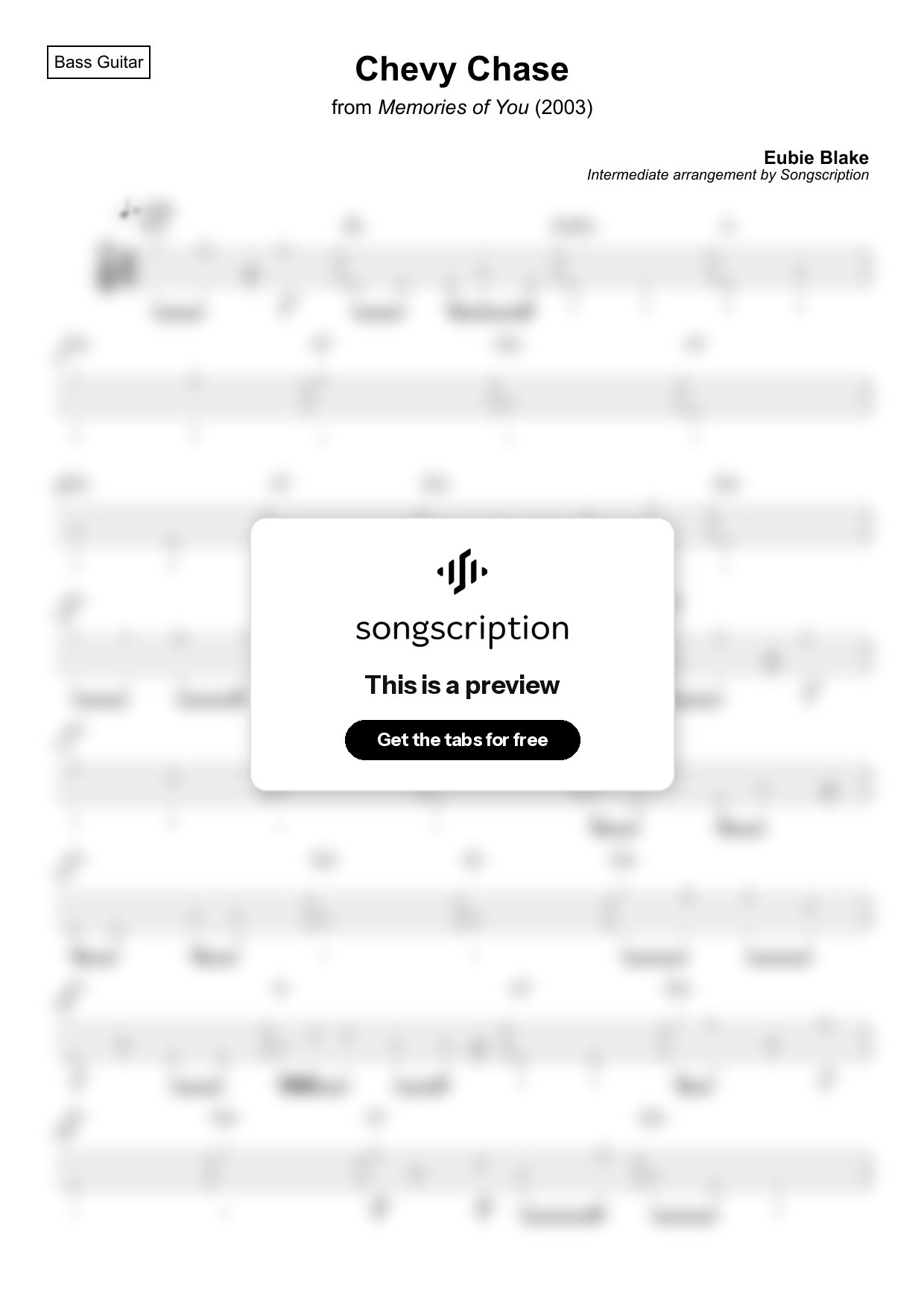 Intermediate Bass Guitar Tabs for "Chevy Chase" by Eubie Blake