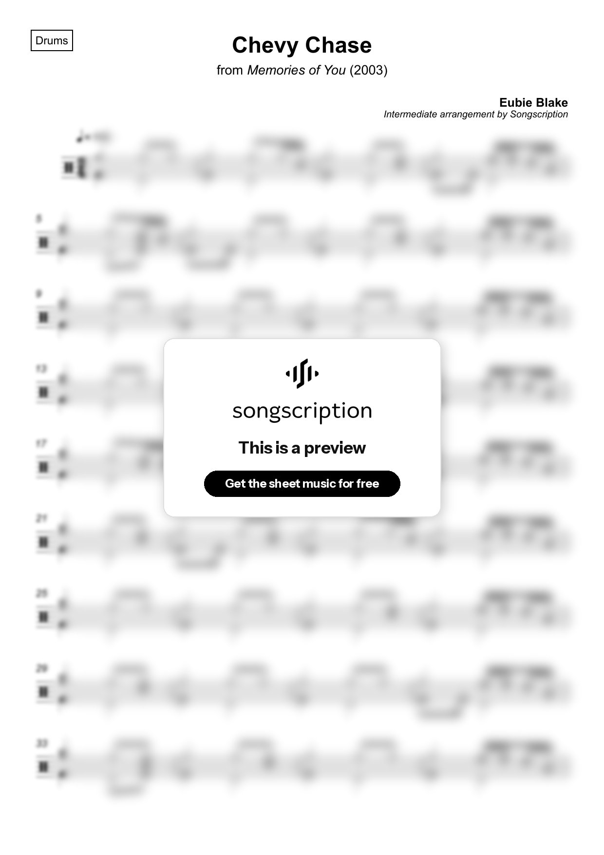 Intermediate Drums Sheet Music for "Chevy Chase" by Eubie Blake