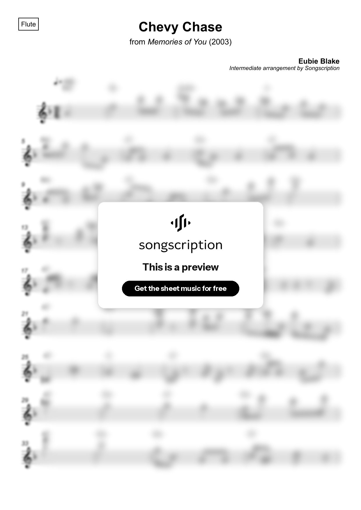 Intermediate Flute Sheet Music for "Chevy Chase" by Eubie Blake