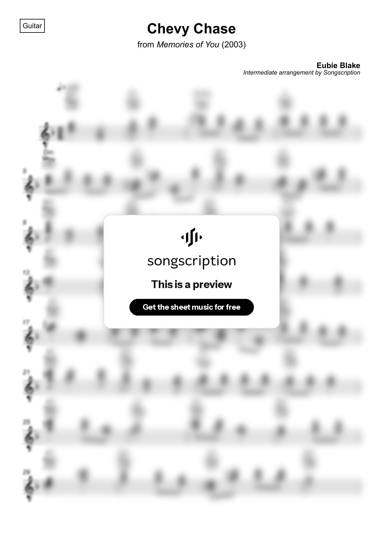 Intermediate Acoustic Guitar Sheet Music for "Chevy Chase" by Eubie Blake