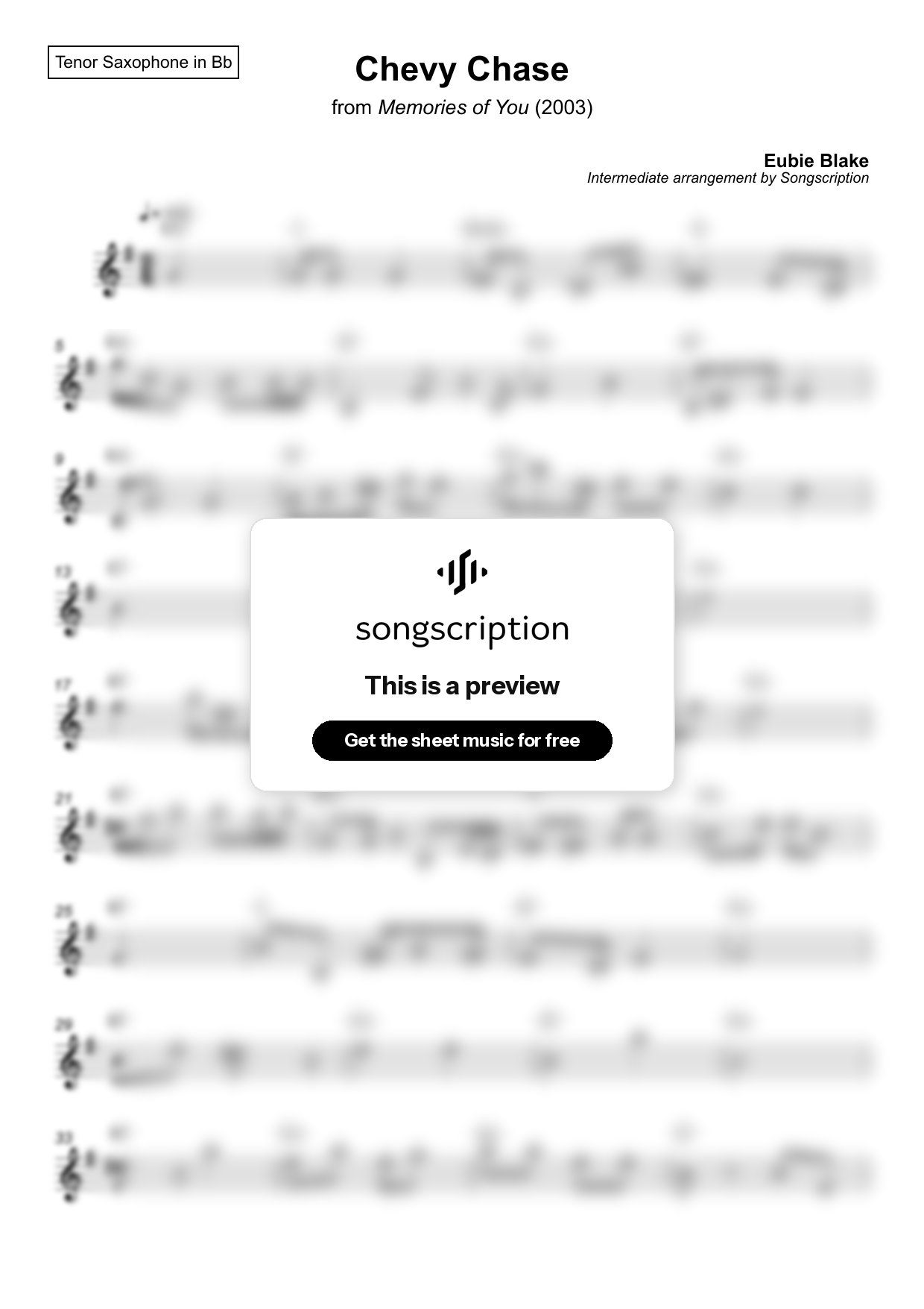 Intermediate Tenor Sax Sheet Music for "Chevy Chase" by Eubie Blake