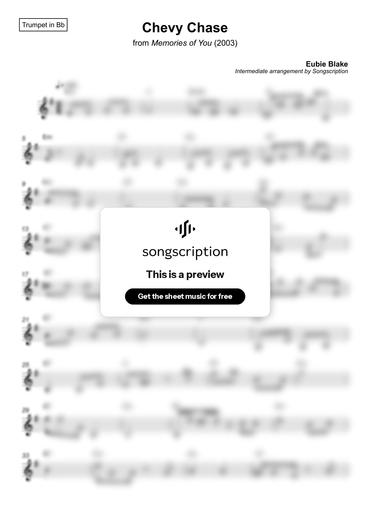 Intermediate Trumpet Sheet Music for "Chevy Chase" by Eubie Blake