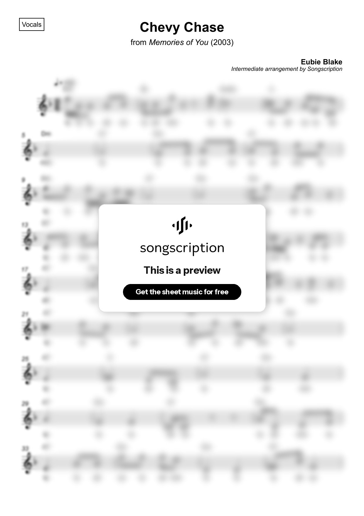 Intermediate Vocals Sheet Music for "Chevy Chase" by Eubie Blake