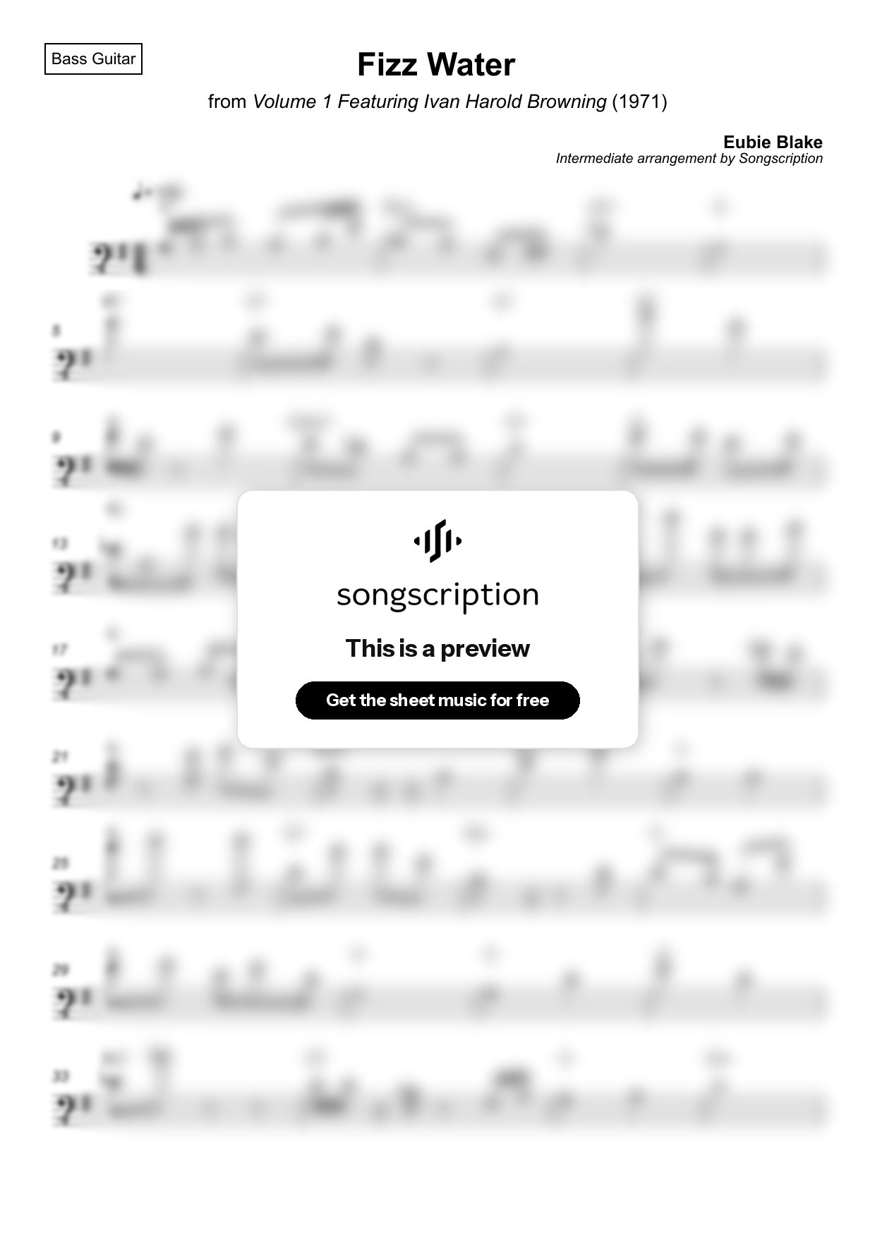 Intermediate Bass Guitar Sheet Music for "Fizz Water" by Eubie Blake