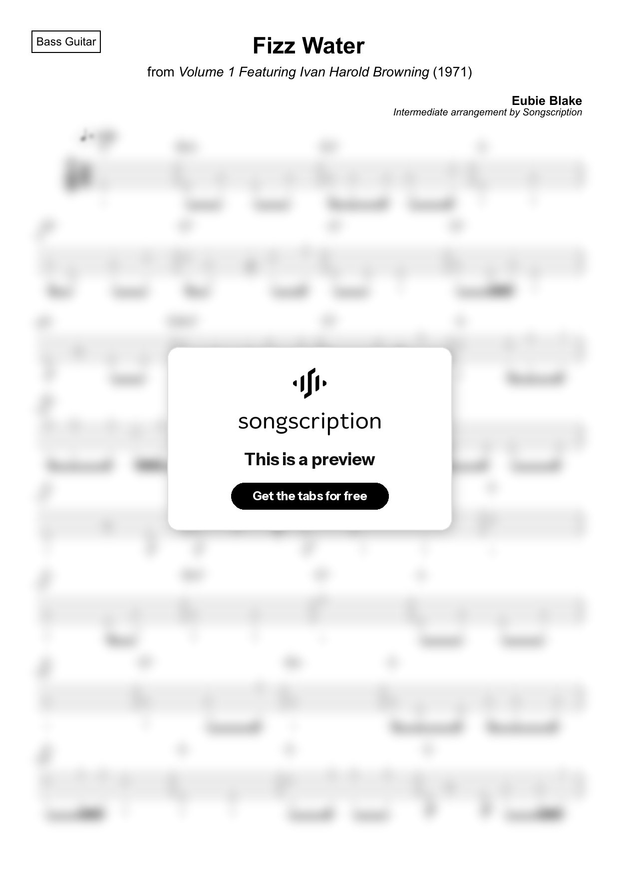 Intermediate Bass Guitar Tabs for "Fizz Water" by Eubie Blake