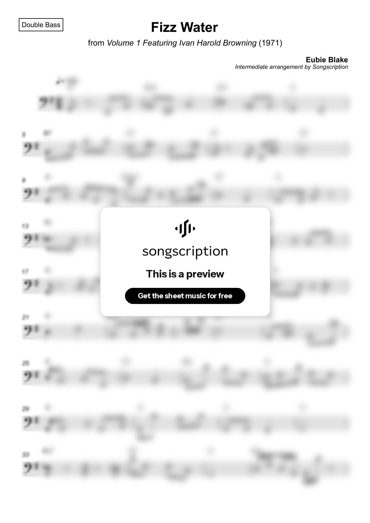 Intermediate Double Bass Sheet Music for "Fizz Water" by Eubie Blake