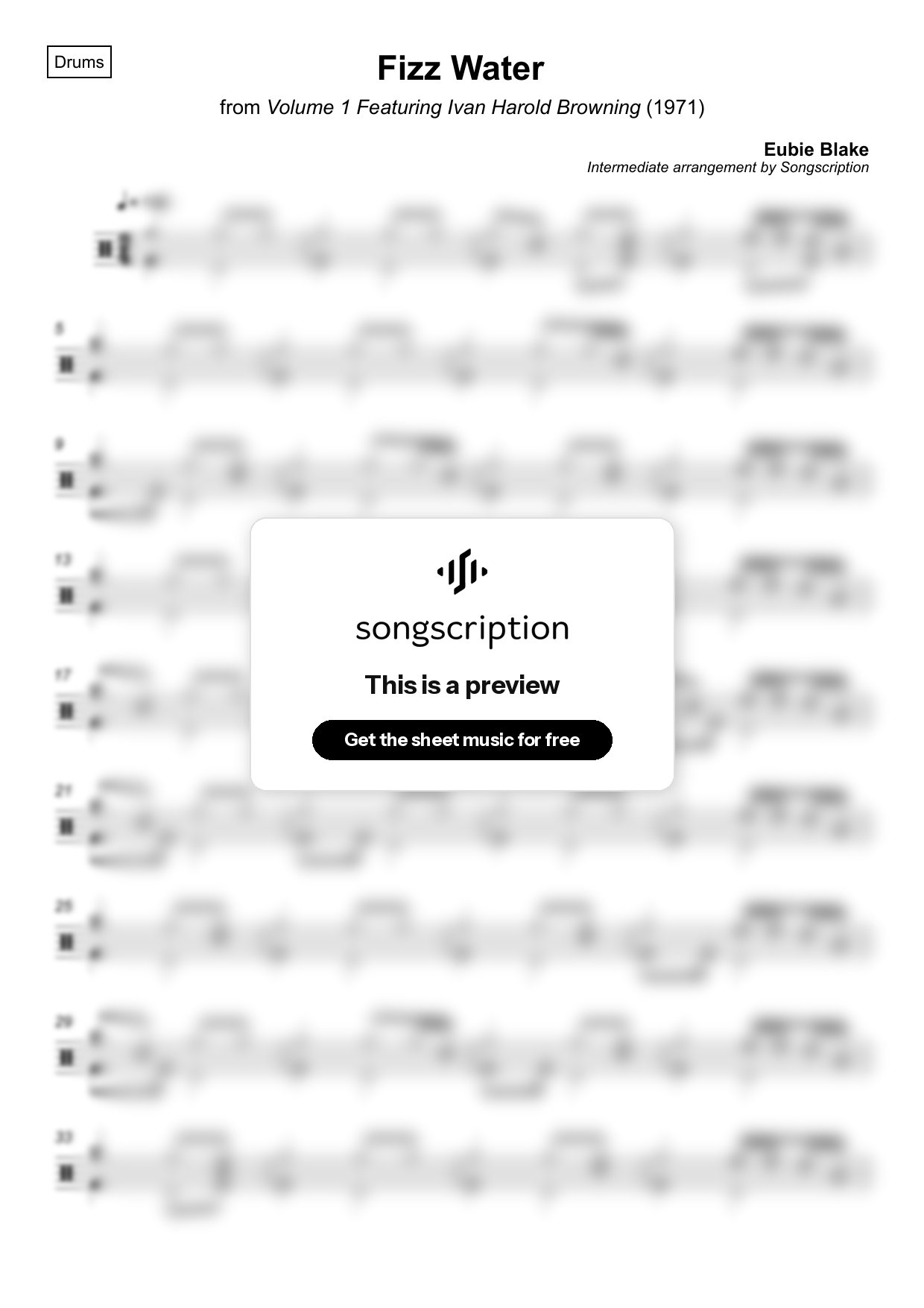 Intermediate Drums Sheet Music for "Fizz Water" by Eubie Blake