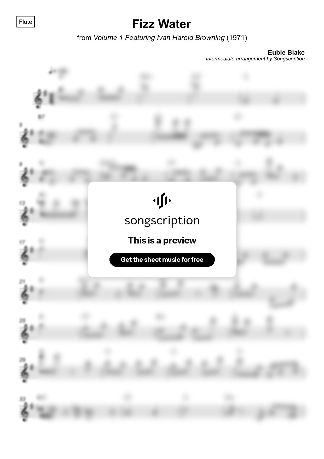 Intermediate Flute Sheet Music for "Fizz Water" by Eubie Blake